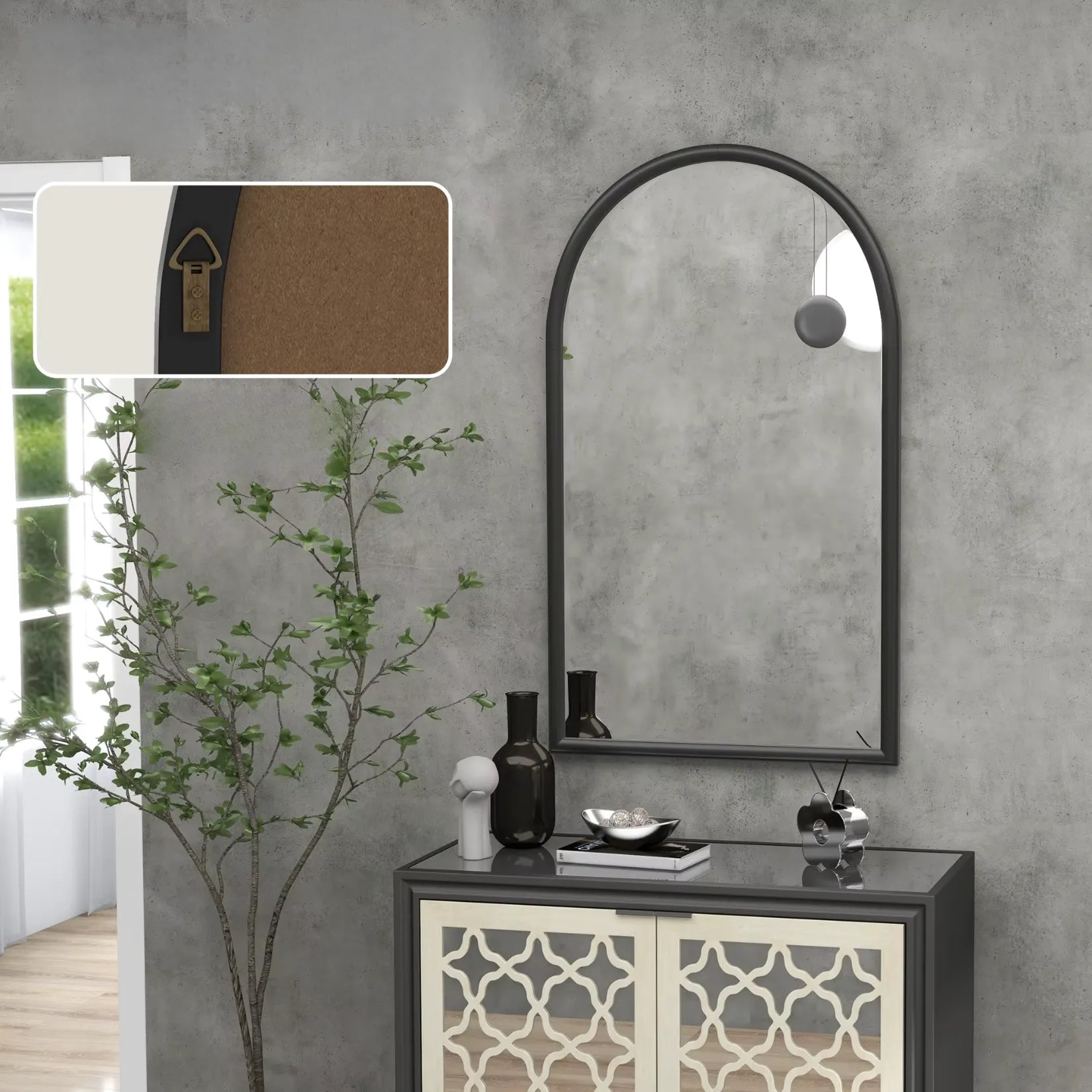 Miroir arche noir 65x110 cm installé dans un salon blanc lumineux.
