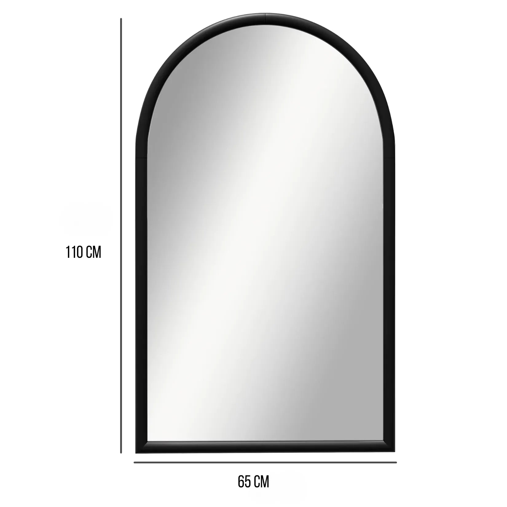  Dimensions exactes du miroir arche noir : 110 cm de haut par 65 cm de large.