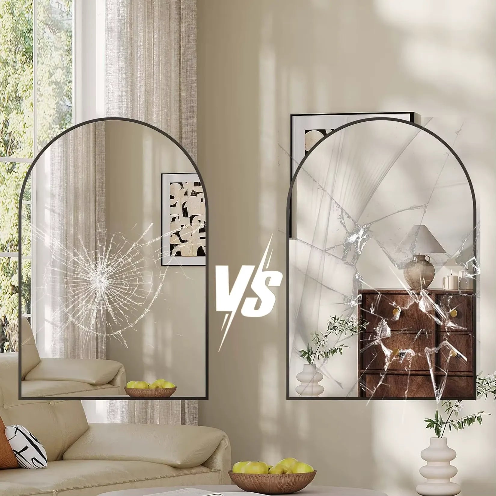 Miroir arche noir verre sécurité anti-éclats comparatif résistance.
