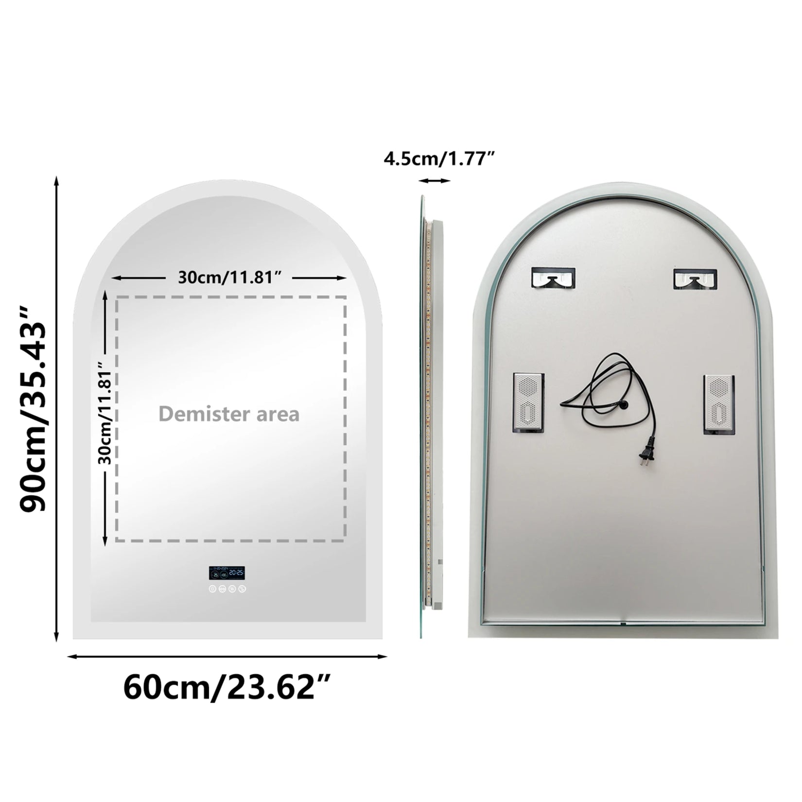 Miroir arche salle de bain dimensions 60x90 cm épaisseur 4,5 cm avec fixation murale.