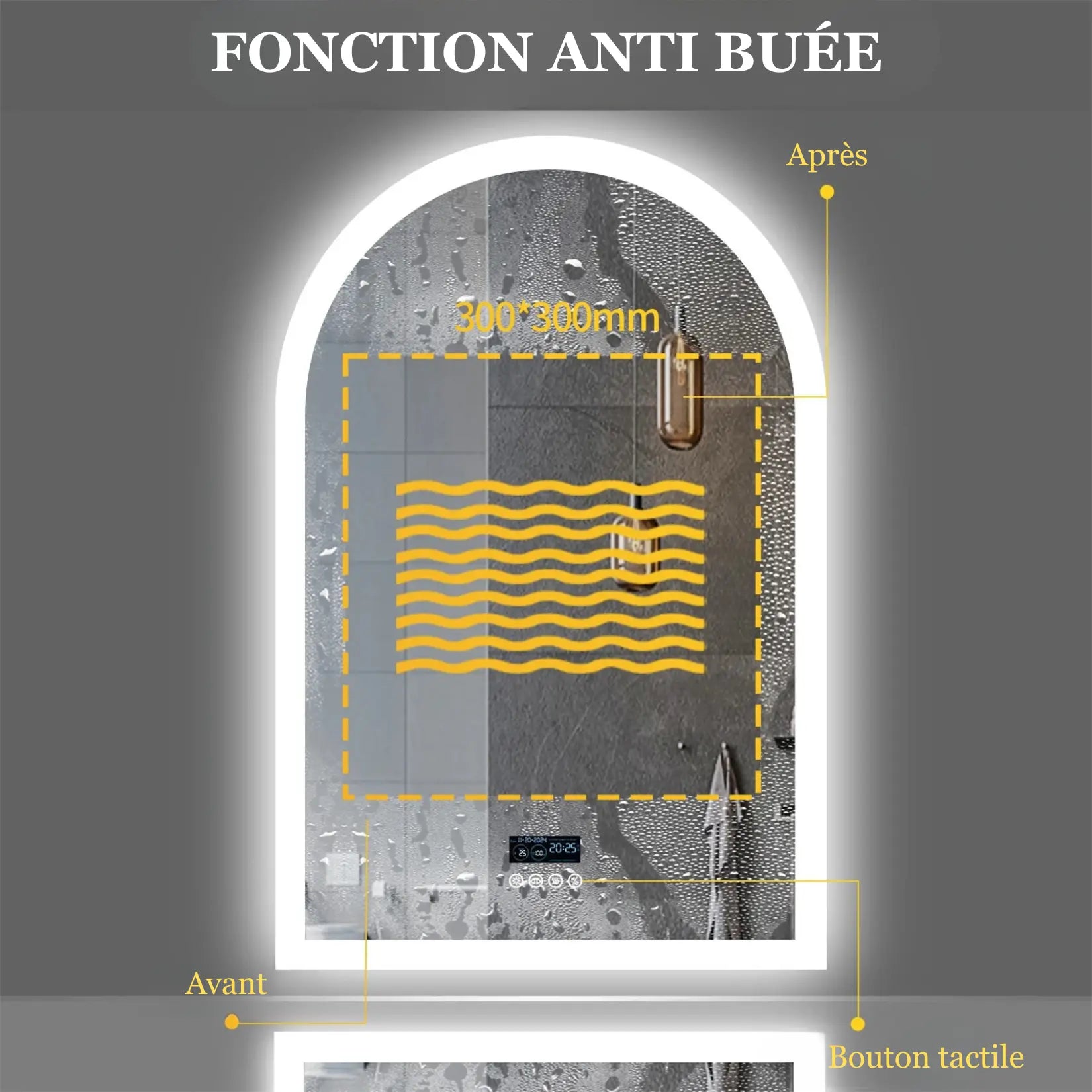 Miroir arche salle de bain avec fonction antibuée et zone désembuante 300x300 mm.