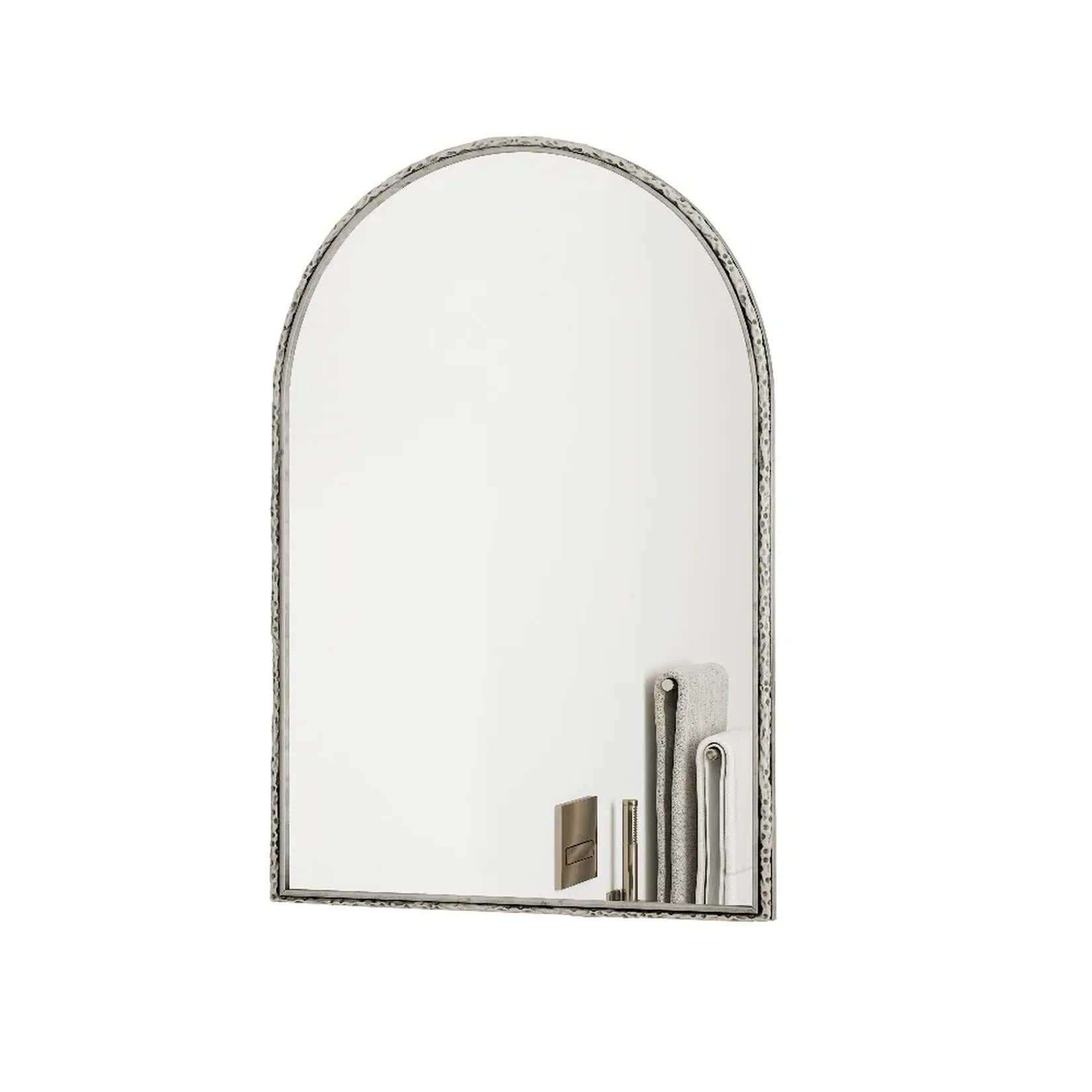 Miroir argenté arche cadre martelé fond blanc.