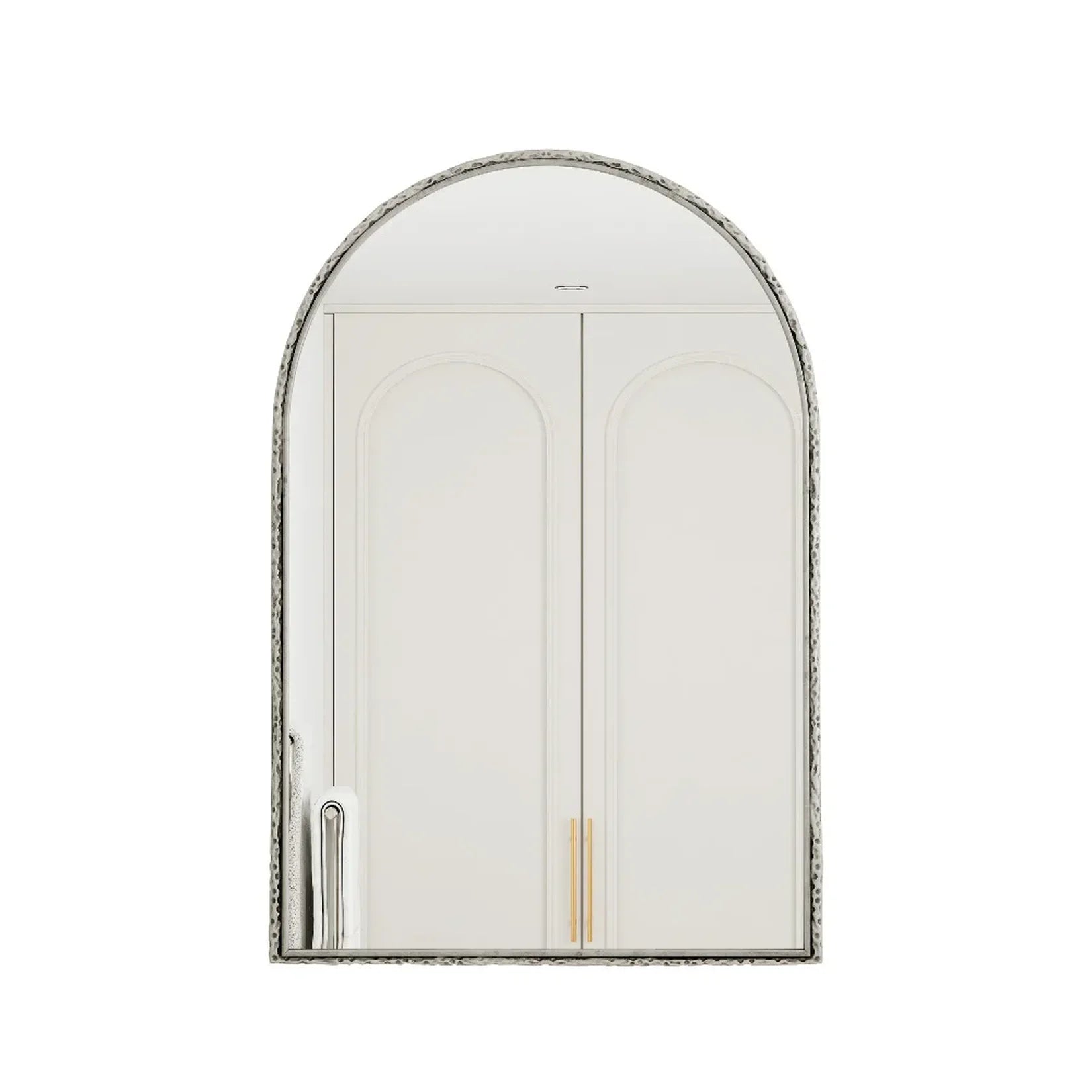 Miroir argenté arche cadre métal industriel.