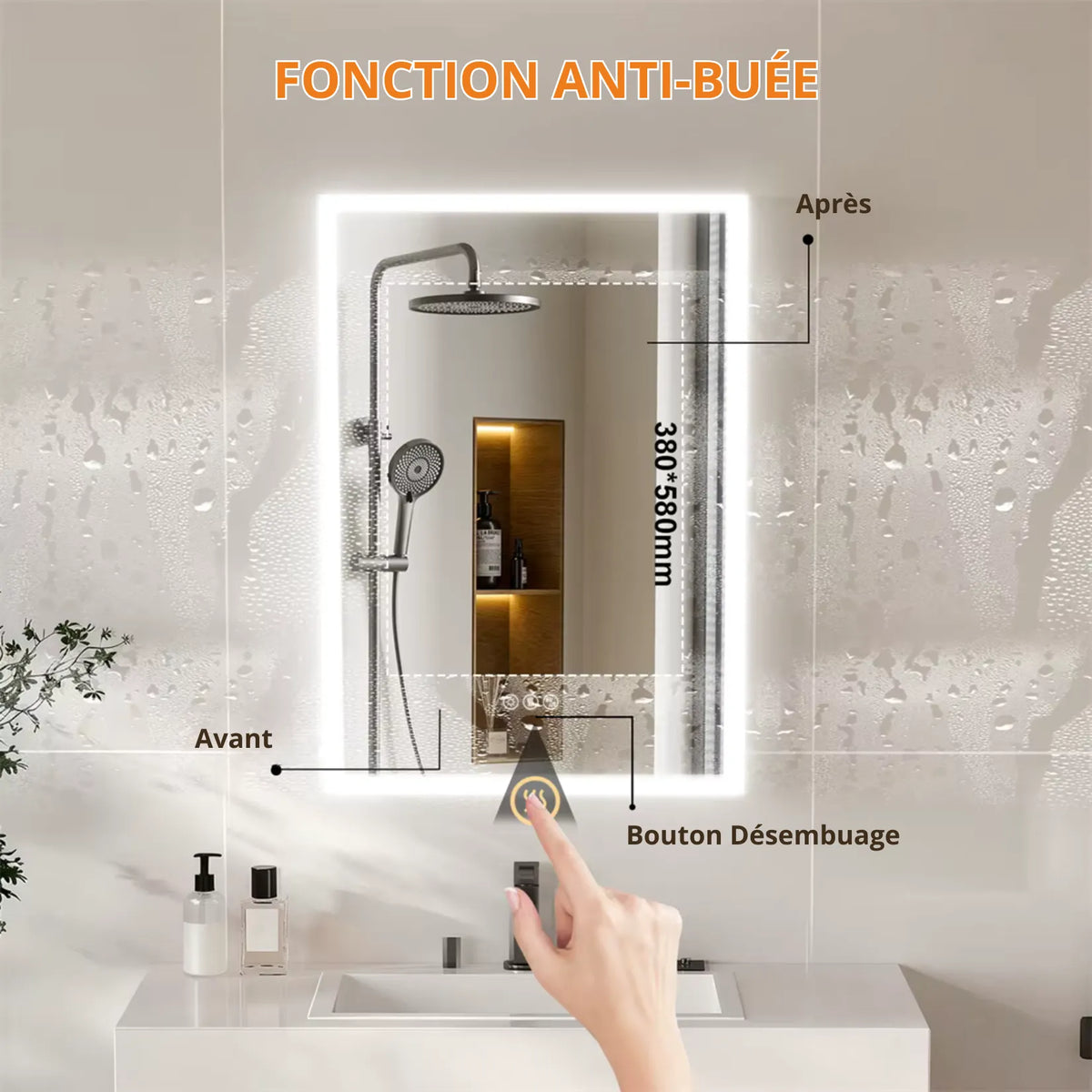 Miroir armoire de toilette antibuée : zone de désembuage de 380 x 580 mm, avant et après.