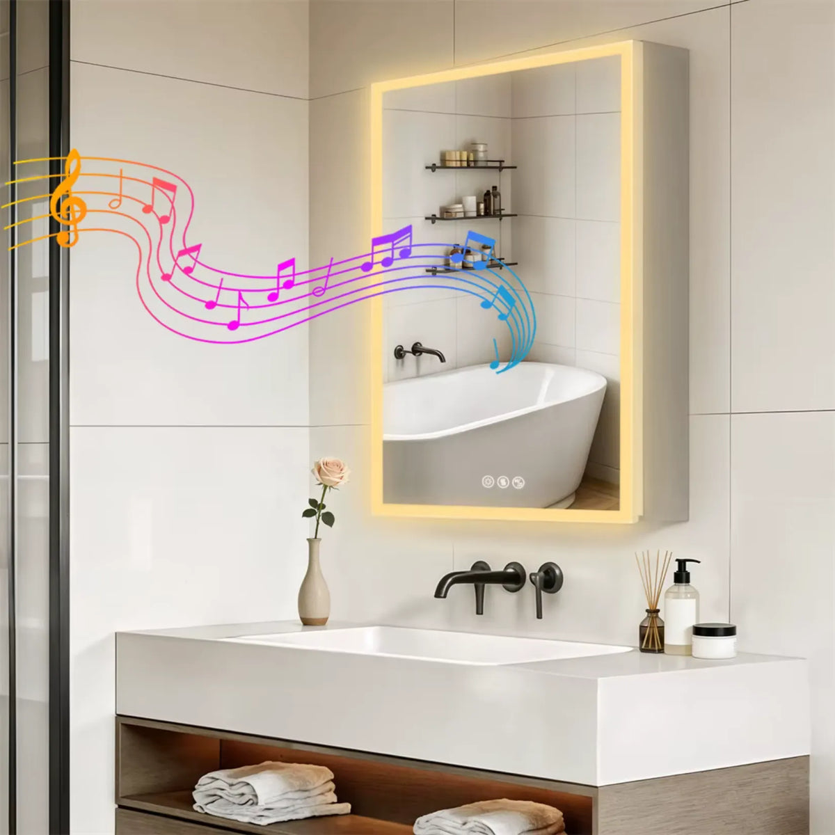 Miroir armoire de toilette éclairée en blanc chaud 3000 K devant une baignoire.