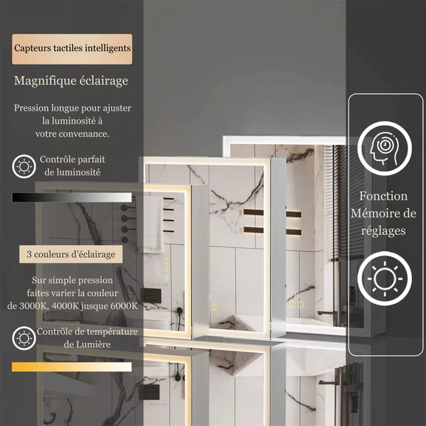 Miroir armoire de toilette avec réglage d’éclairage et fonction mémoire.