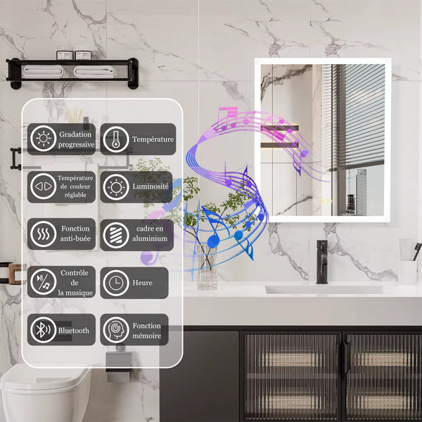 Miroir armoire de toilette avec fonctions connectées et Bluetooth.