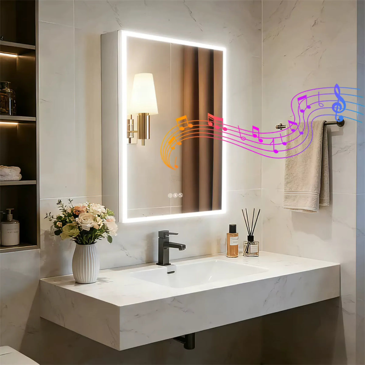 Miroir armoire de toilette avec halo LED et musique dans une salle de bain en marbre.
