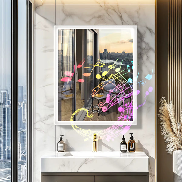 Miroir armoire de toilette avec enceinte Bluetooth intégrée.