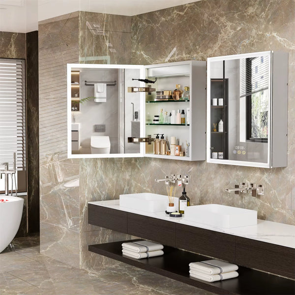 Miroir armoire de toilette ouvert avec espaces de rangement.
