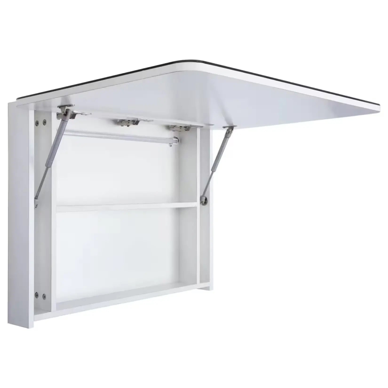 Vue intérieure du miroir armoire 80 cm avec rangements ouverts et structure blanche.