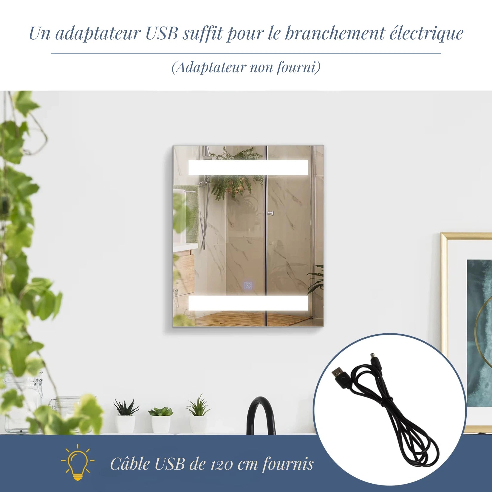 Miroir armoire salle de bain lumineux avec câble USB de 120 cm pour l'alimentation.