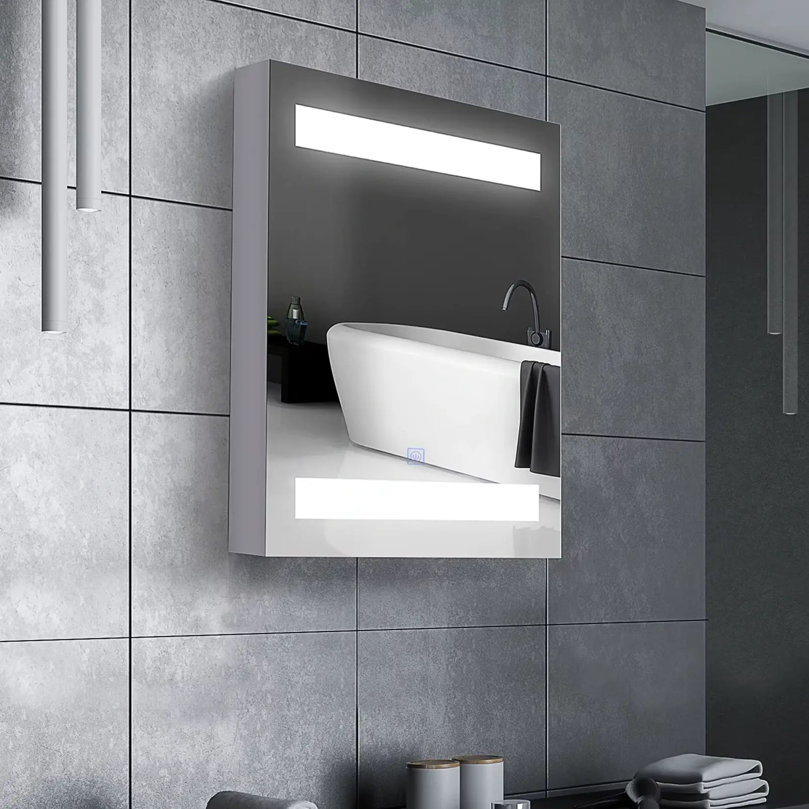 Vue de profil gauche du miroir armoire salle de bain lumineux avec lumière LED allumée.