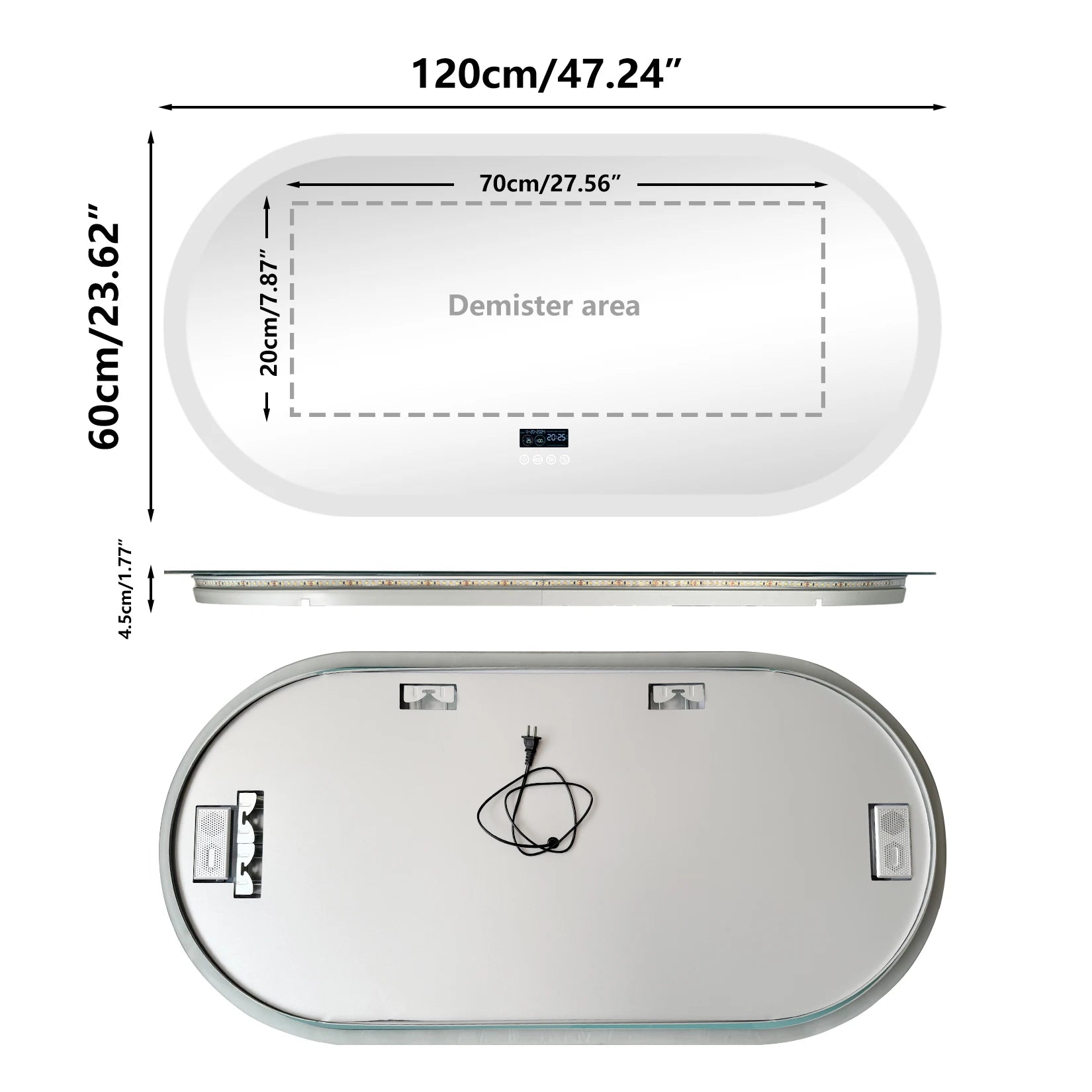 Schéma du miroir arrondi 120 × 60 cm avec zone de désembuage 70 × 20 cm et profil 4,5 cm.