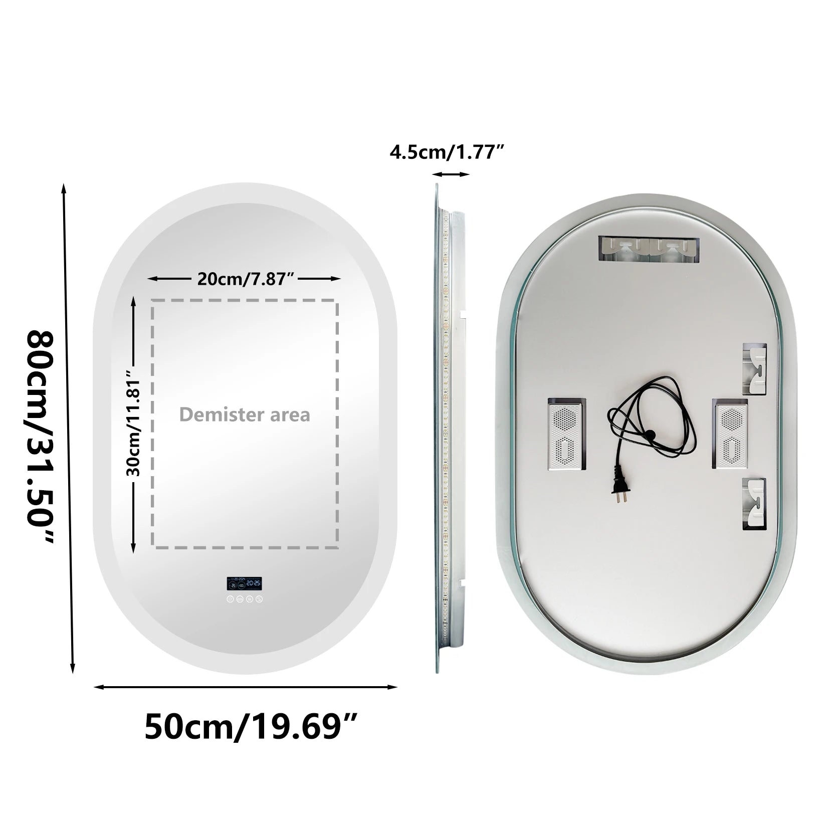 Schéma du miroir arrondi 50 × 80 cm avec zone de désembuage 20 × 30 cm et épaisseur 4,5 cm.