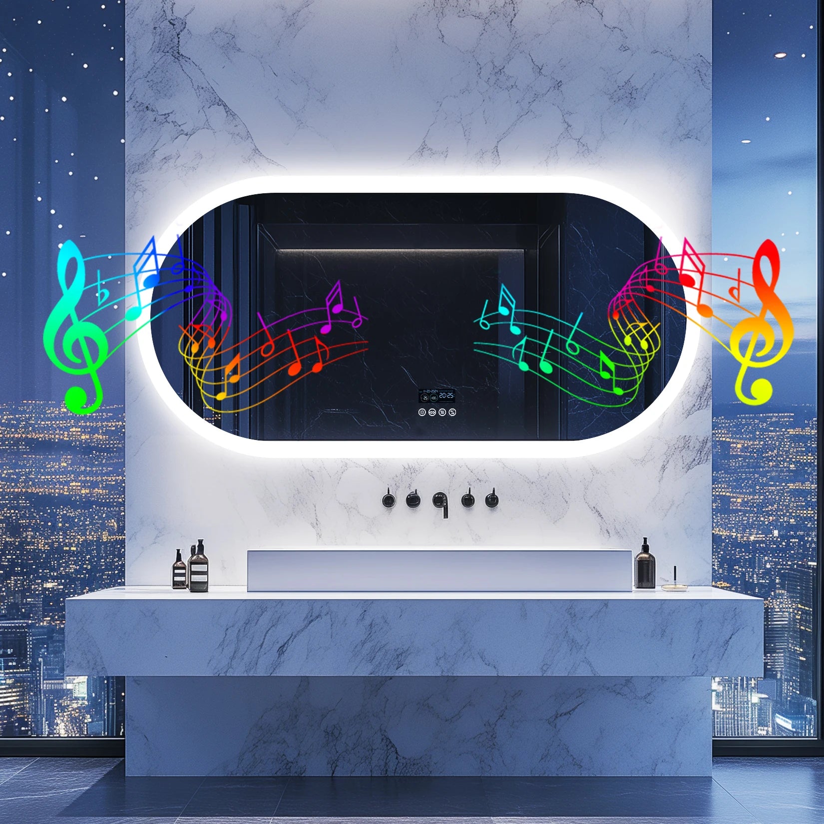 Miroir arrondi avec éclairage LED frontal direct dans une salle de bain lumineuse.