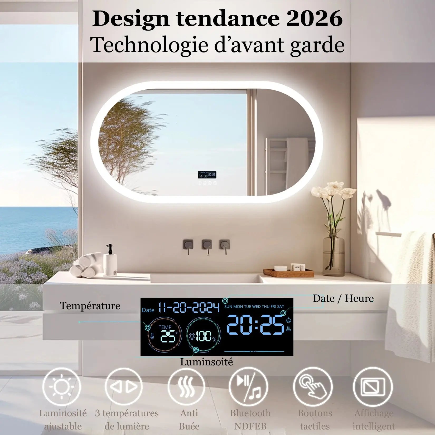 Miroir arrondi avec affichage intelligent de la date, de l’heure et de la température, luminosité ajustable et commandes tactiles.