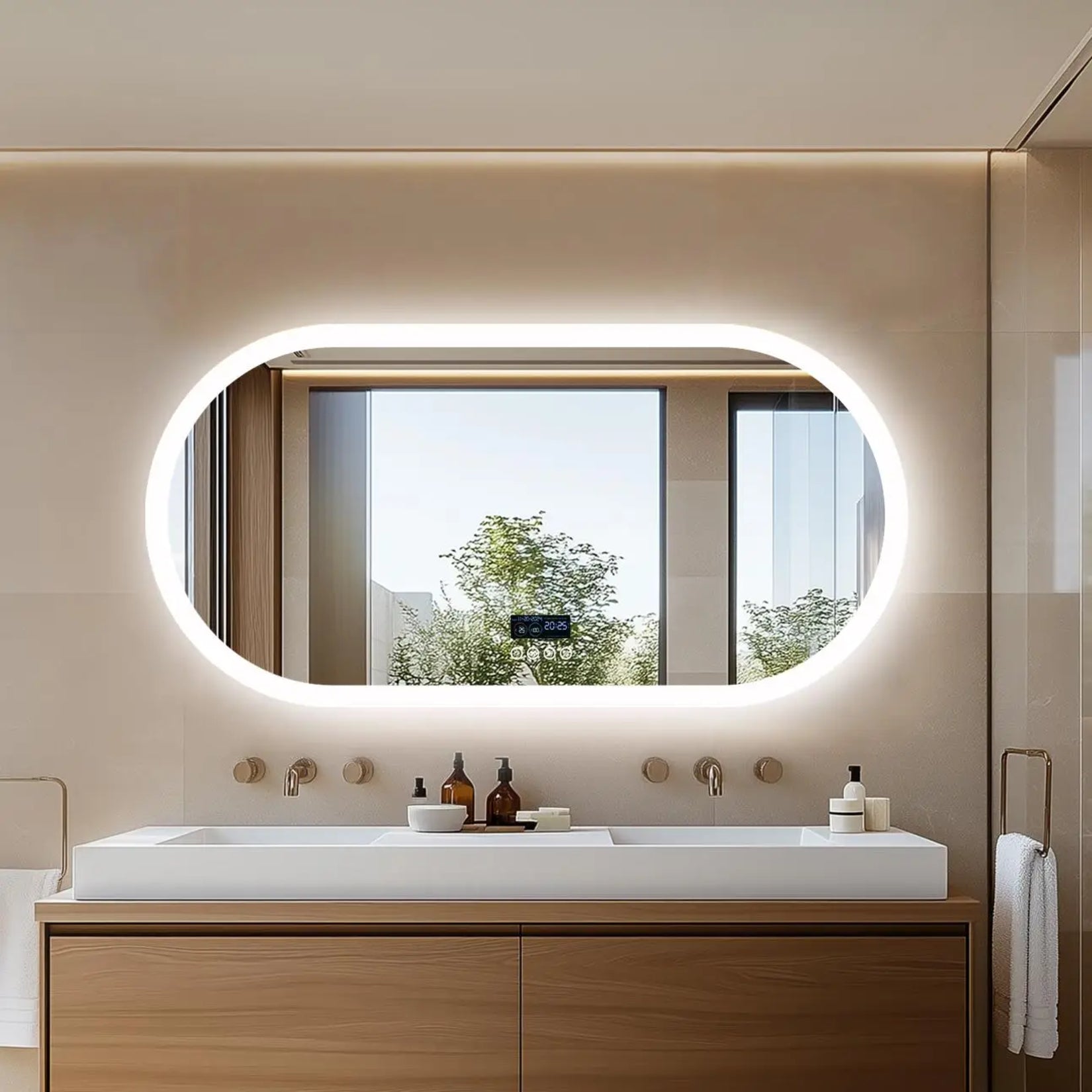 Miroir arrondi grand format installé au-dessus d’un meuble double vasque, éclairage blanc homogène.