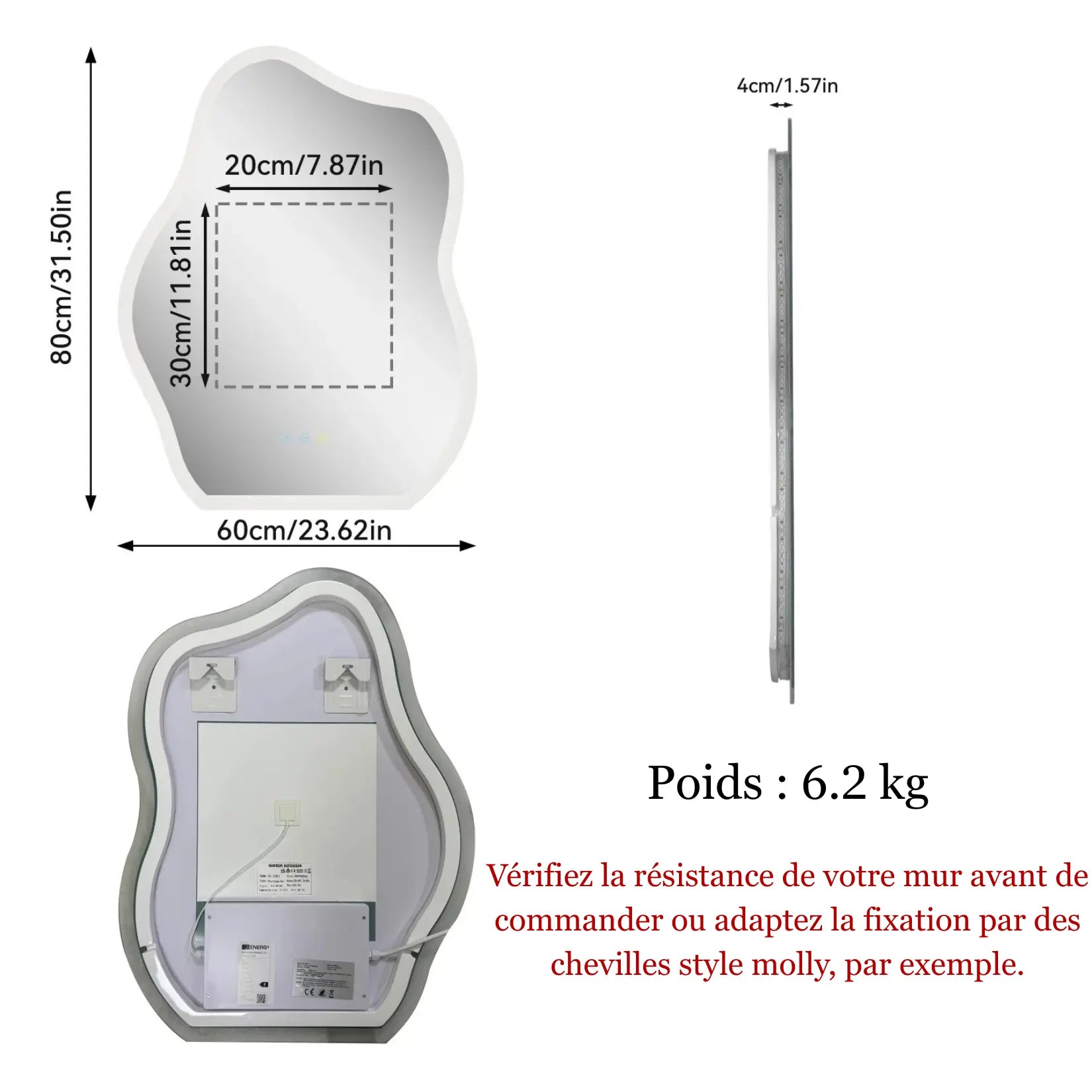 Miroir asymétrique avec éclairage LED intégré et fixations solides.