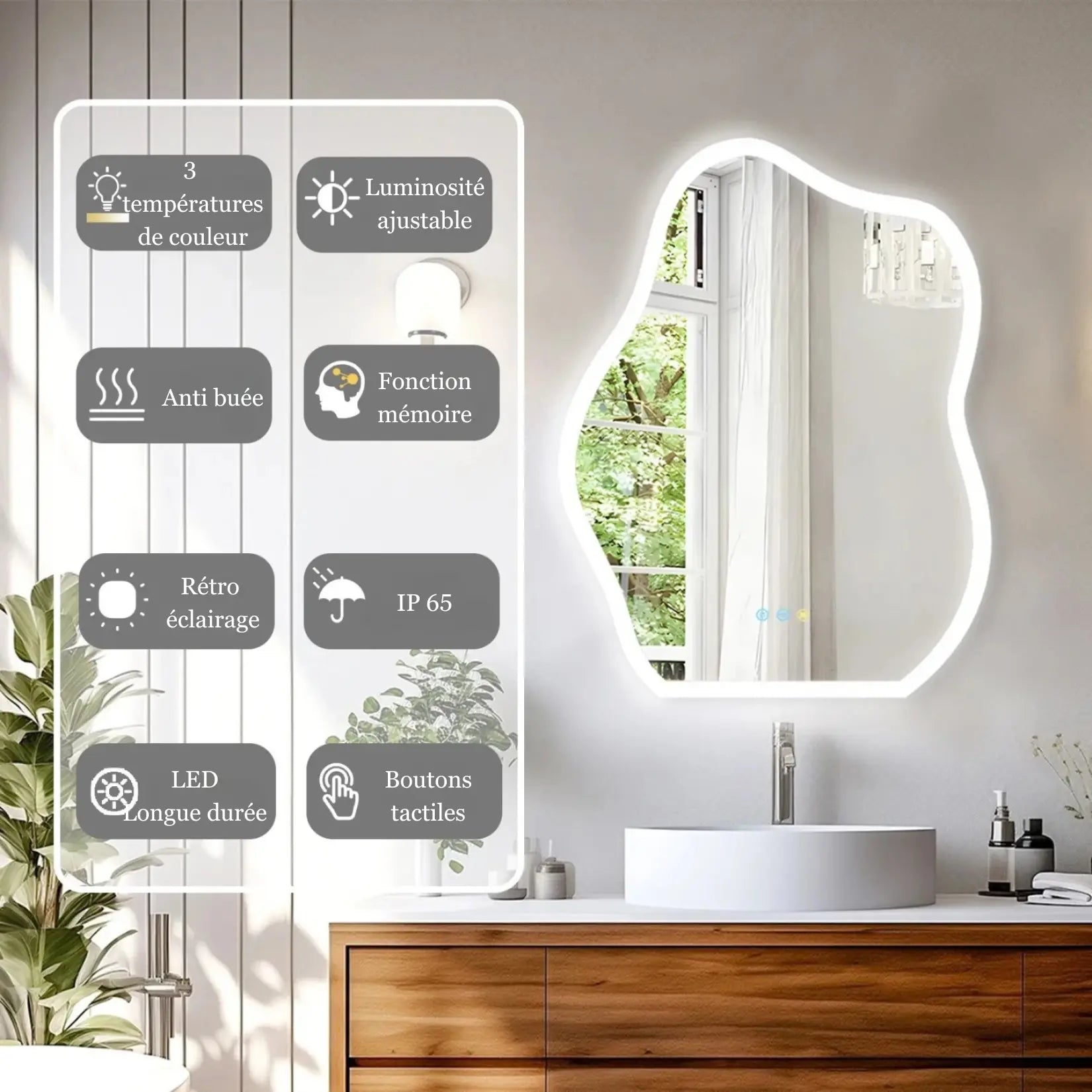 Miroir asymétrique à LED monté dans une salle de bain au style contemporain.