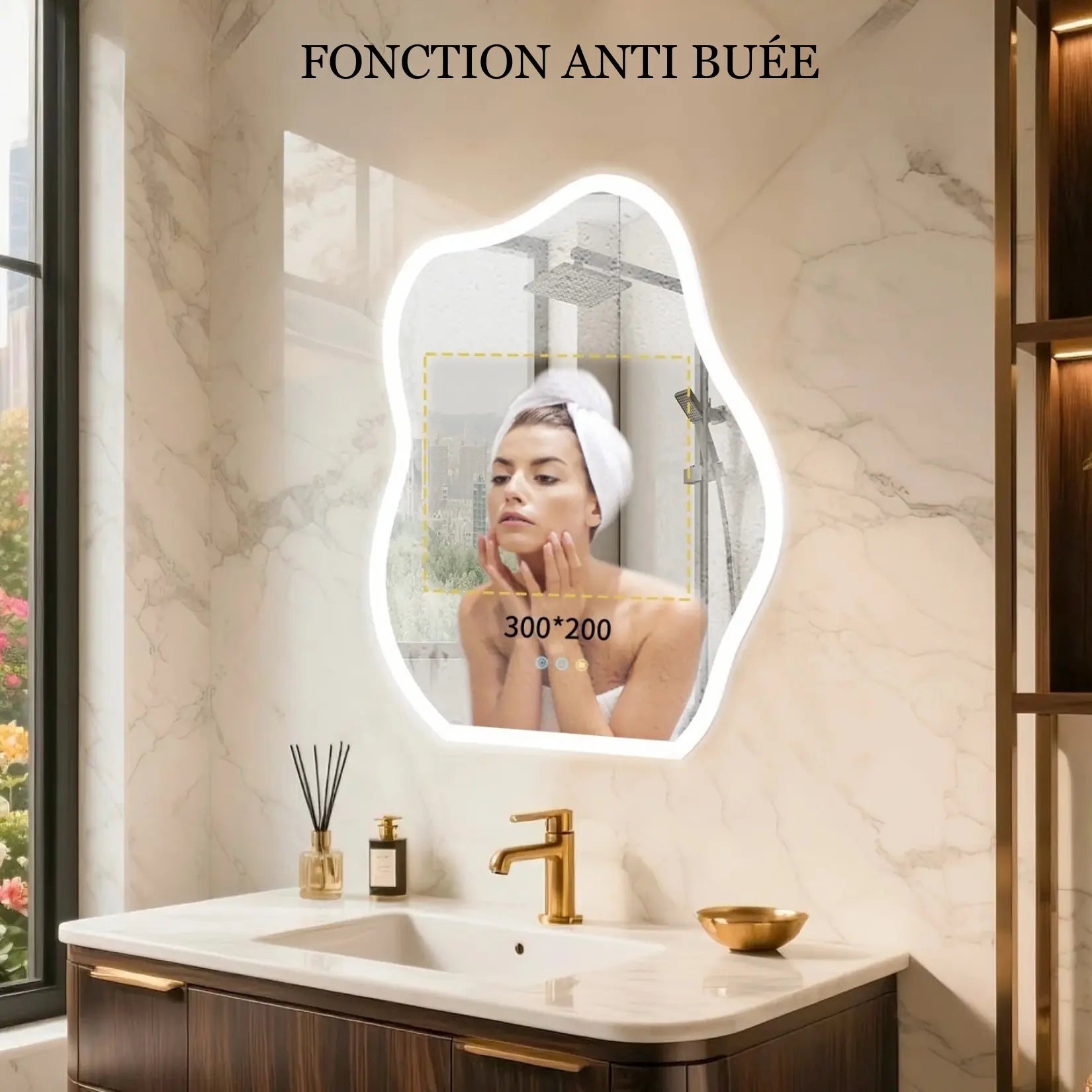 Miroir asymétrique lumineux avec boutons tactiles, rétroéclairage, IP65 et mémoire.