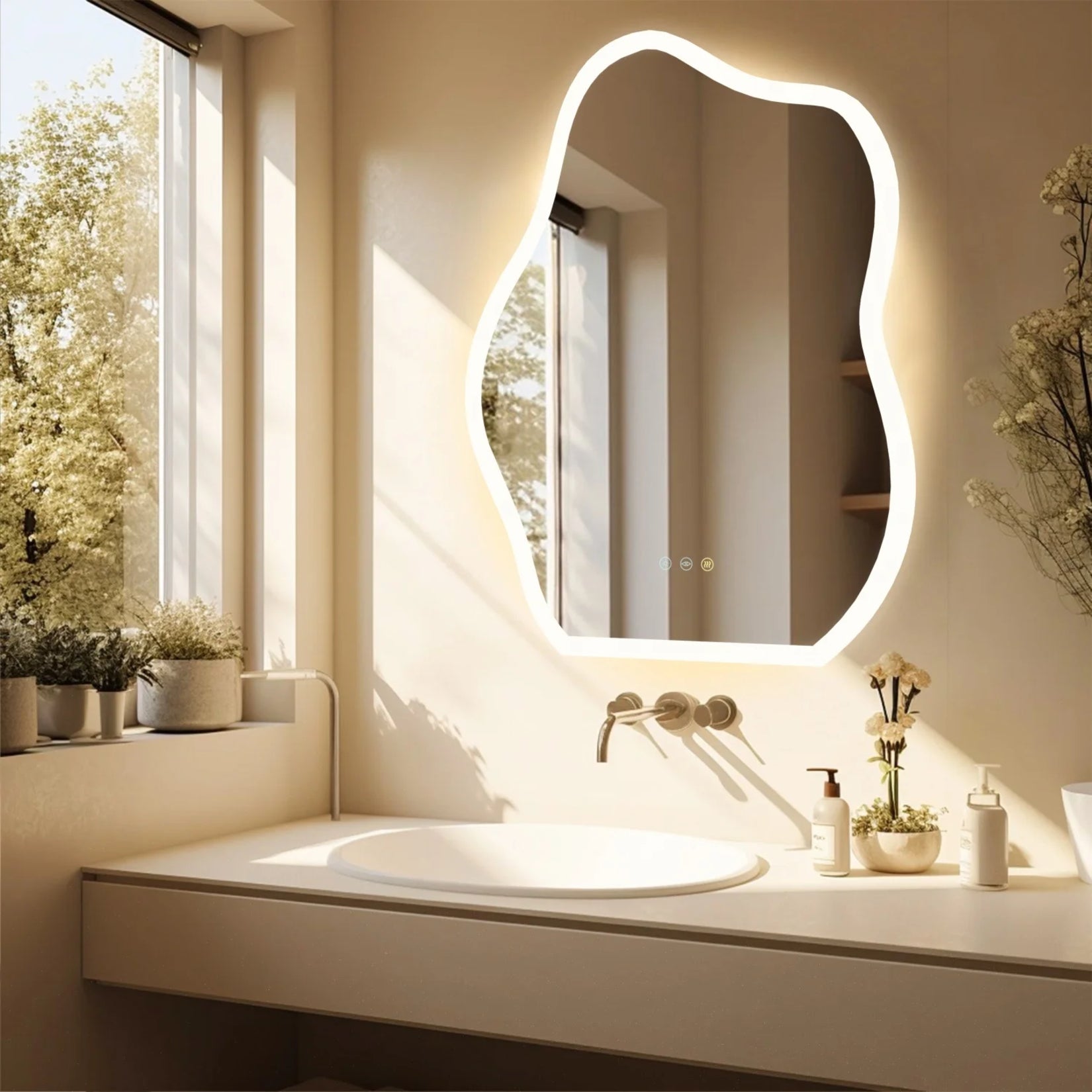Miroir asymétrique moderne rétroéclairé dans une salle de bain lumineuse à la décoration épurée.