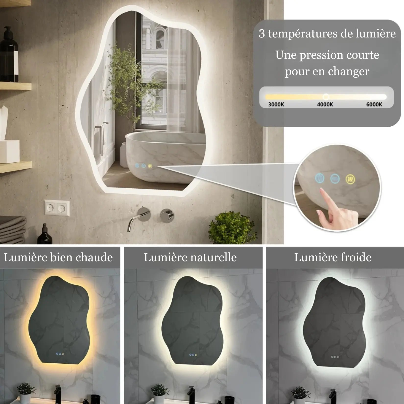 Miroir asymétrique mural avec design doré et lumière blanche intégrée.