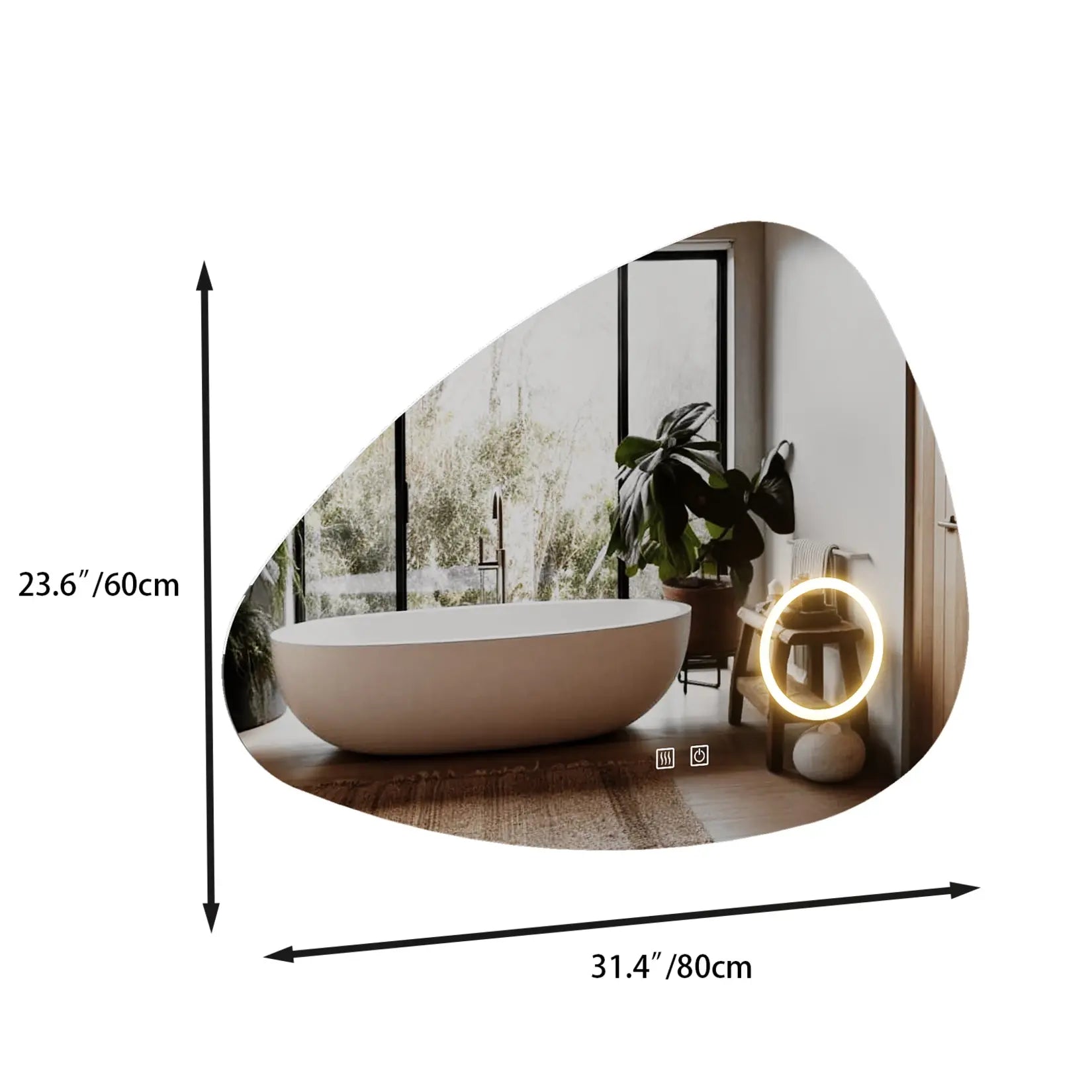 Dimensions miroir asymétrique salle de bain 80 x 60 cm avec éclairage LED contour.