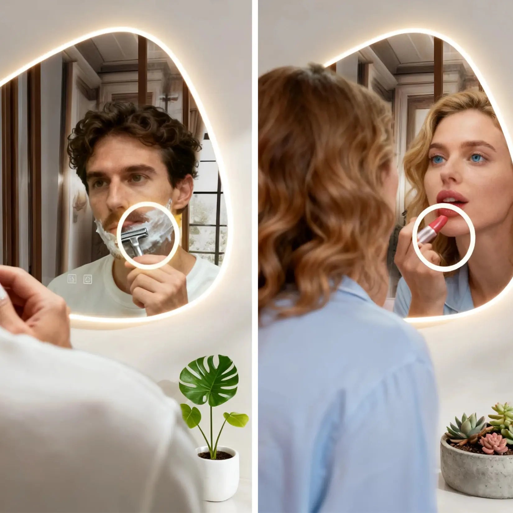 Miroir asymétrique salle de bain avec miroir grossissant pour usage rasage et maquillage quotidien.