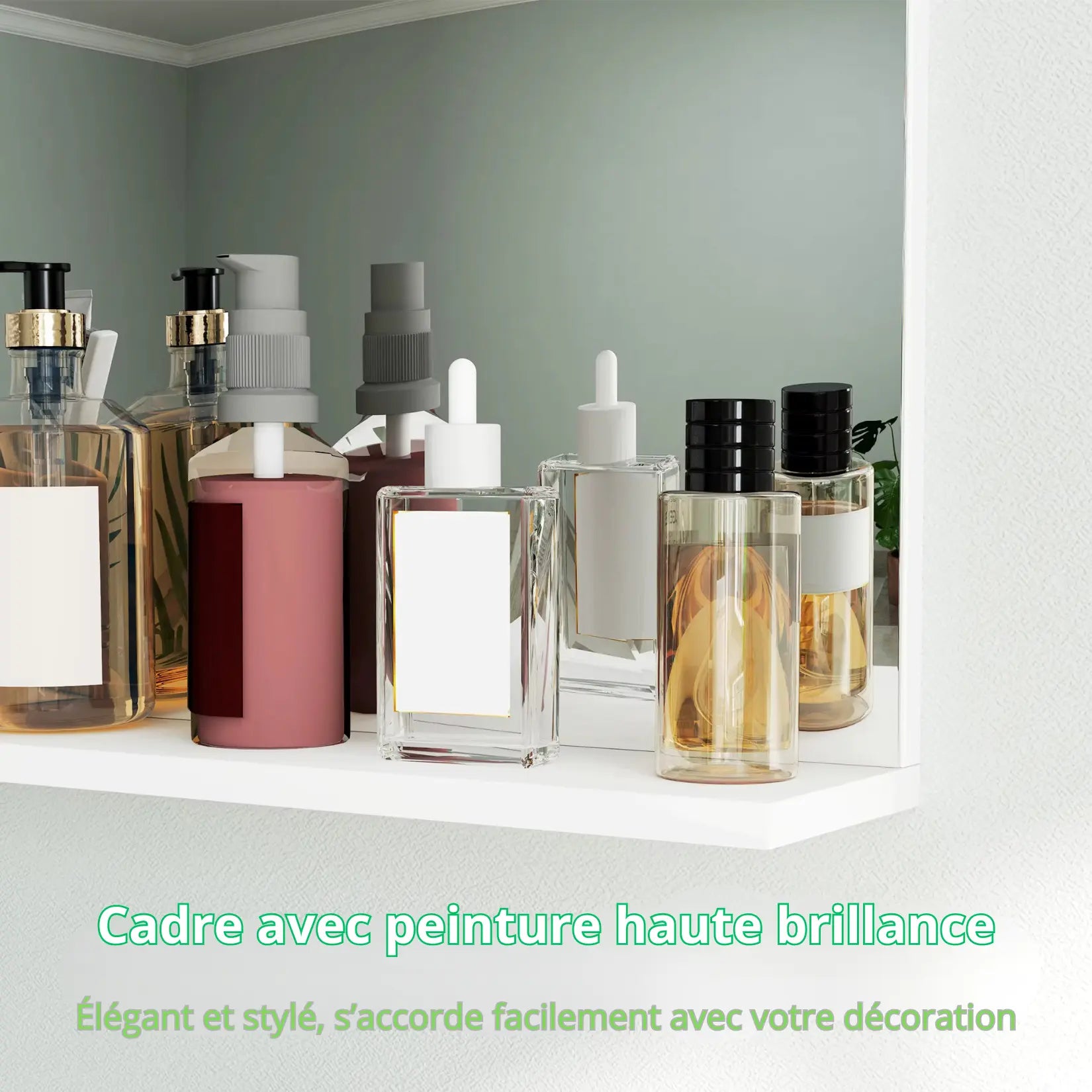 Miroir avec Étagère Salle de Bain - Cadre Haute Brillance Détail.