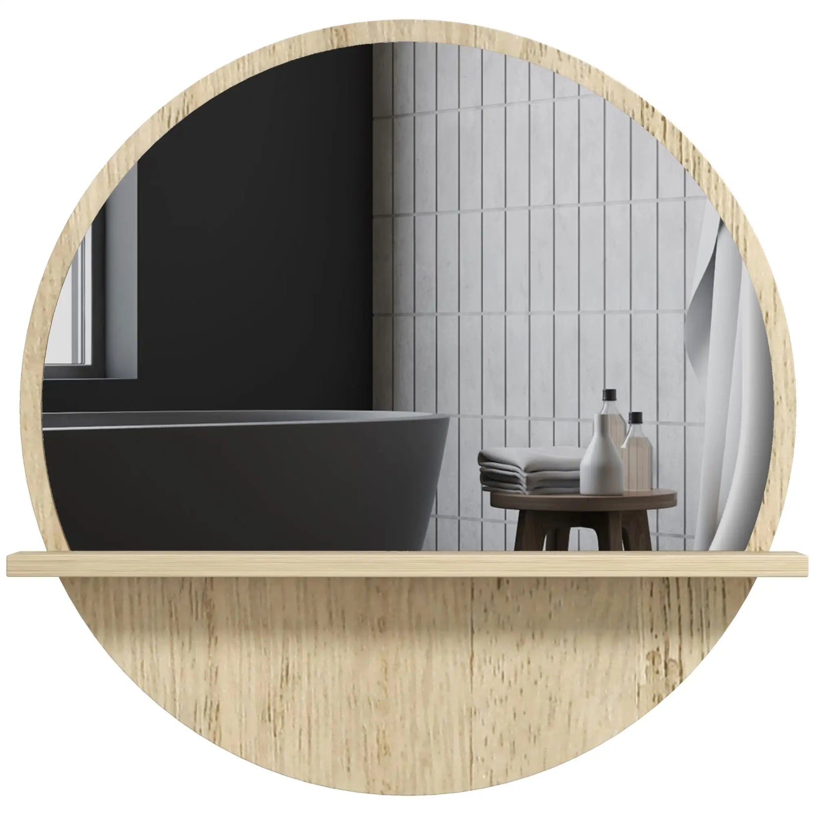 Miroir rond avec étagère dans une salle de bain design épuré.