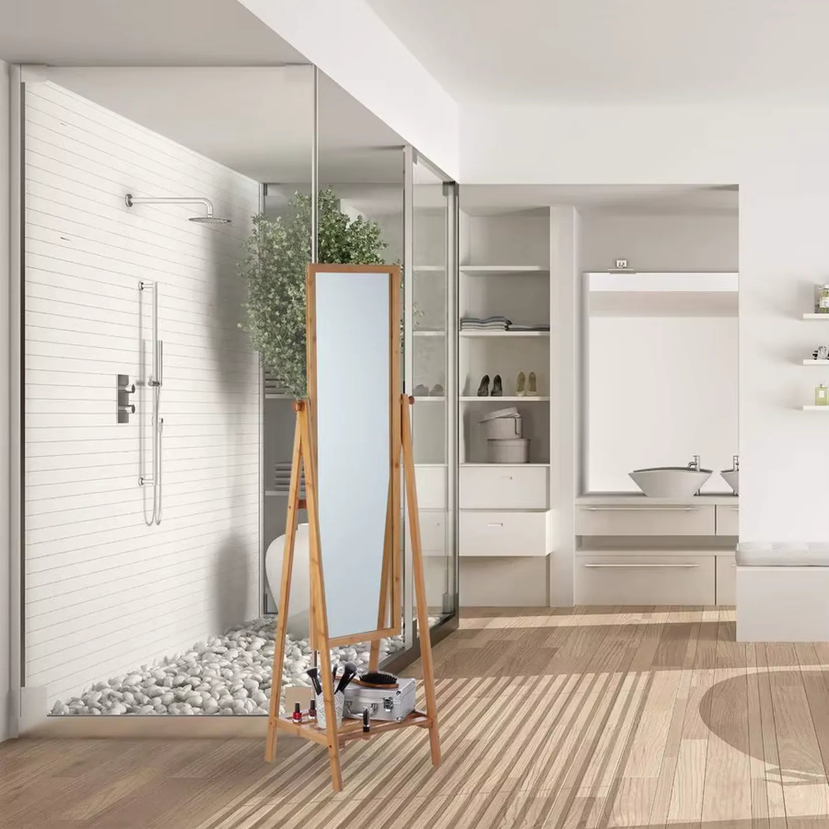 Miroir Bambou sur pied dans dressing et salle de bain avec douche.