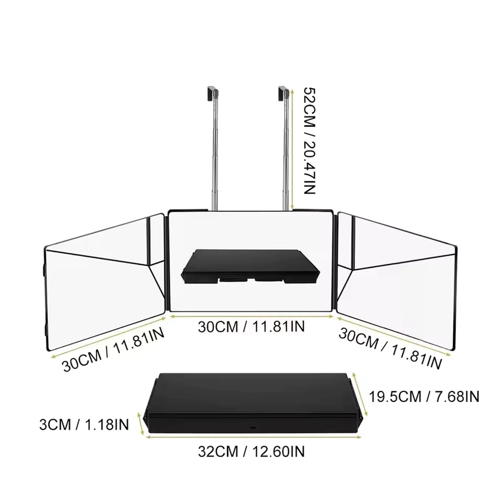 Miroir barbier LED triptyque dimensions 30x30x30 cm déplié et 32x19,5 cm plié.