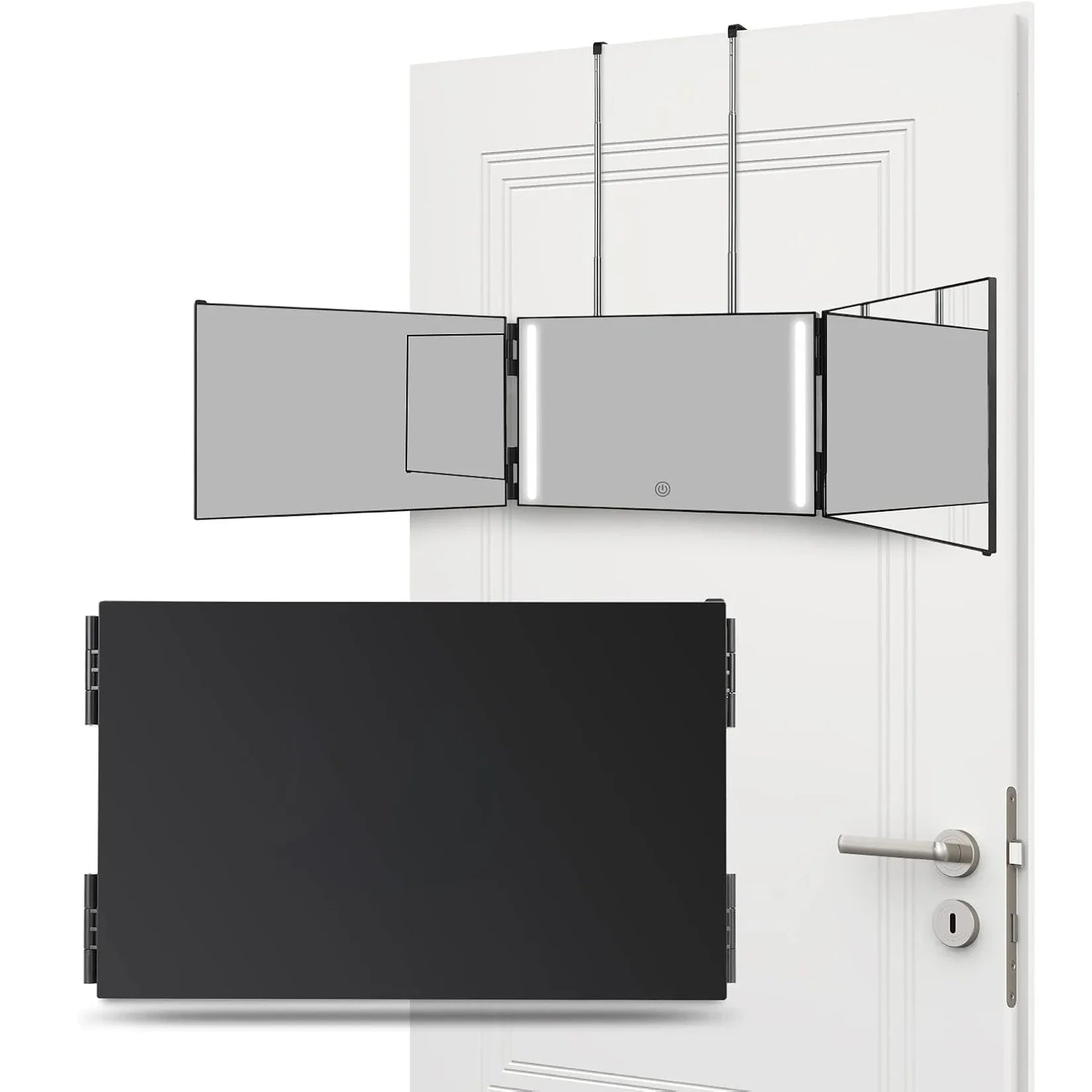 Miroir barbier LED noir triptyque accroché sur porte.