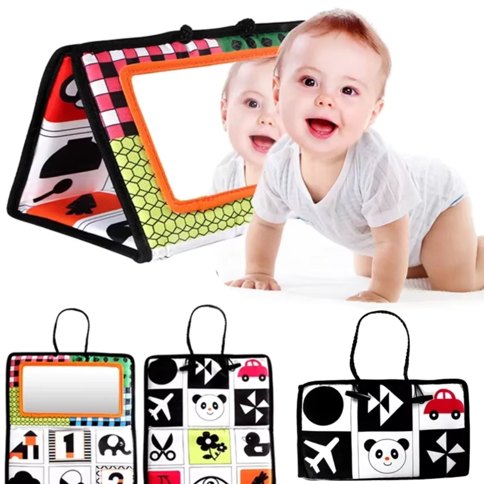 Miroir bébé avec bébé souriant et différents modèles de motifs.