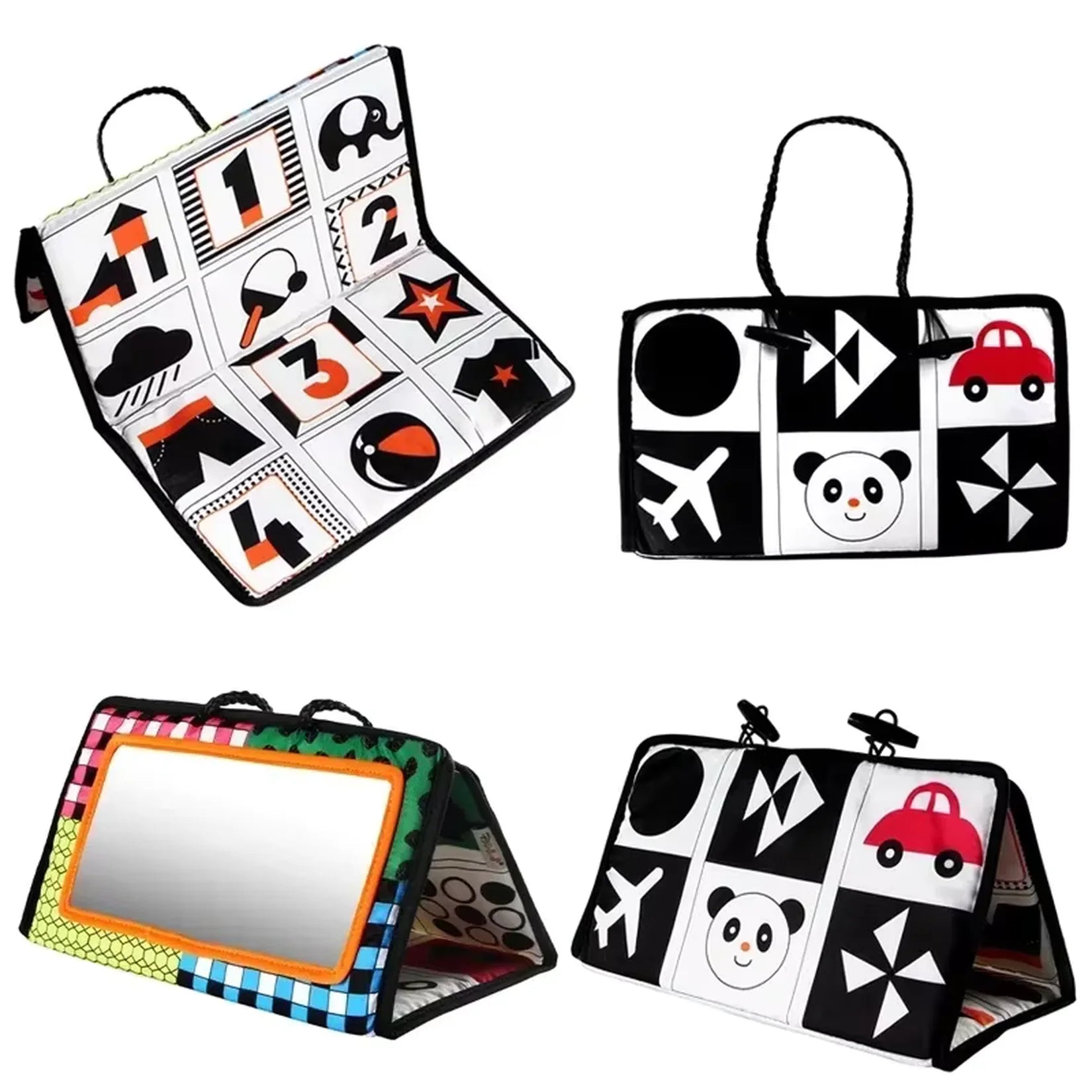 Miroir bébé Montessori différentes positions et motifs noir et blanc.