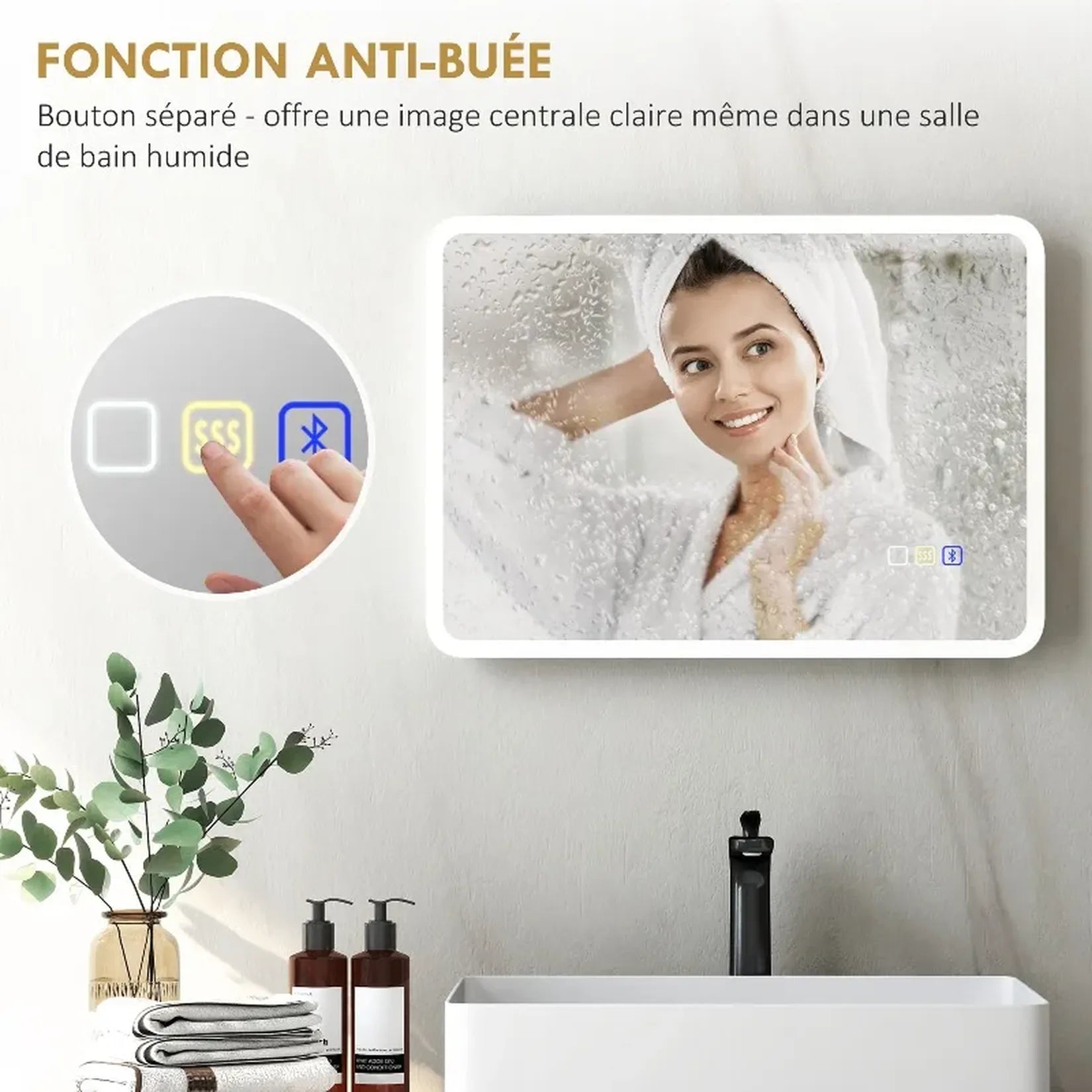 Miroir Bluetooth anti-buée avec bouton tactile dédié.