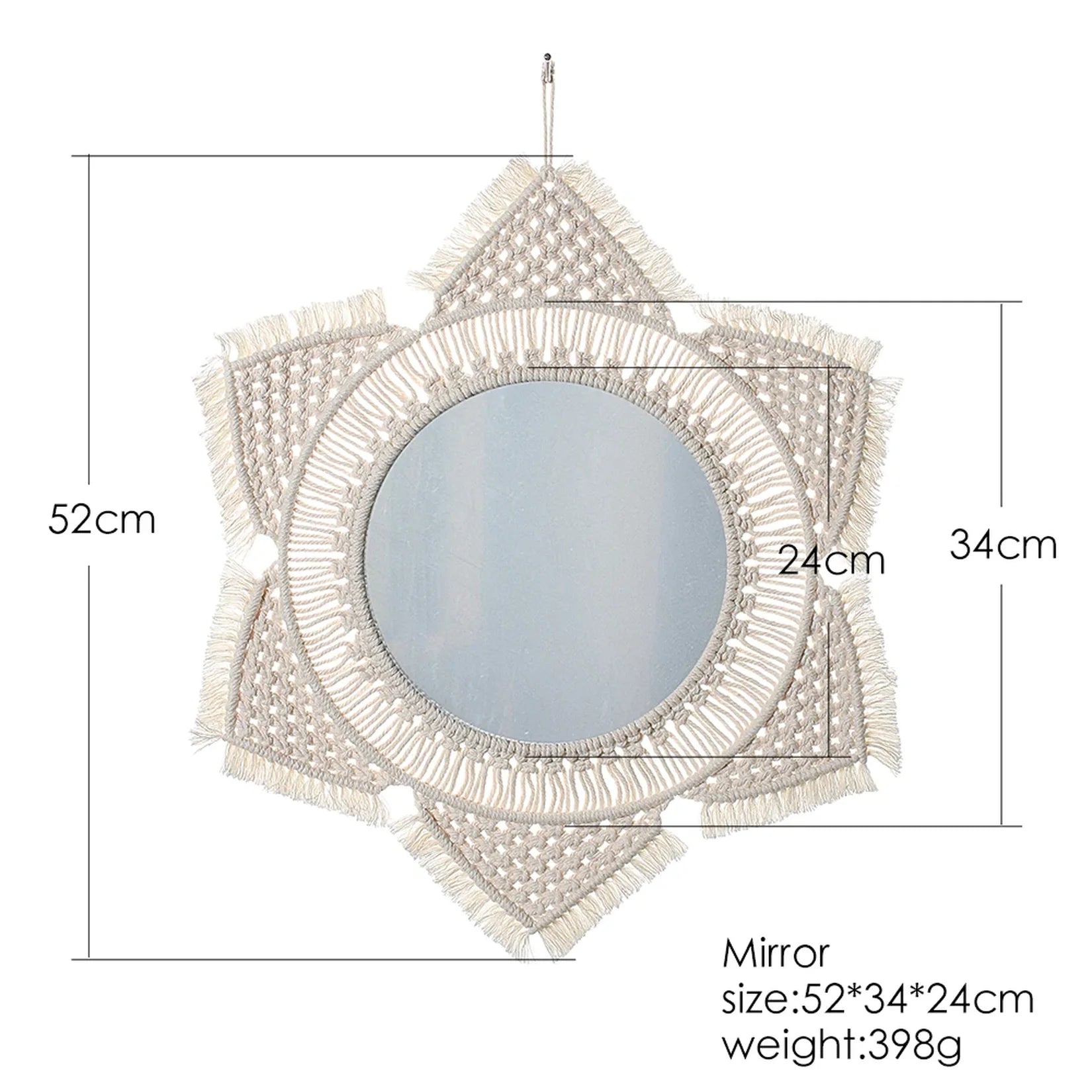 Miroir Bohème Macramé Dimensions 52 cm.