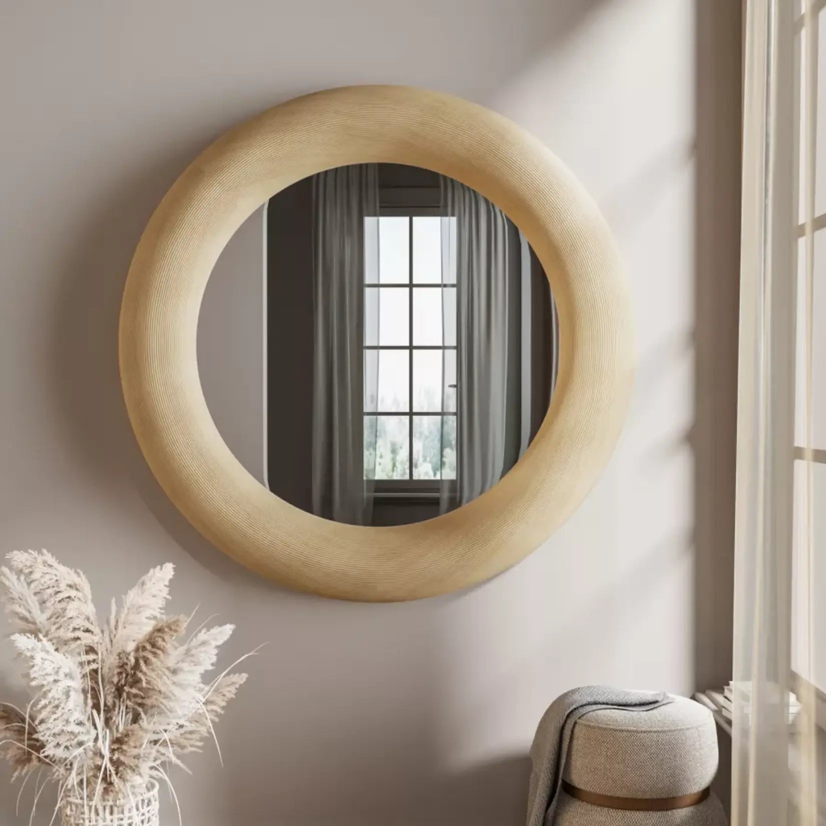 Miroir en bois artisanal design rond de 152 cm, idéal pour décoration moderne.