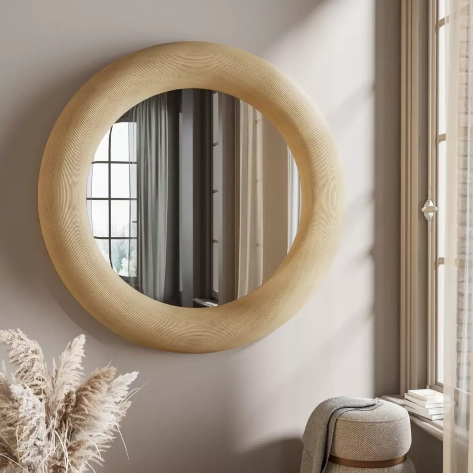 Miroir rond en bois design de 152 cm de diamètre avec cadre artisanal.