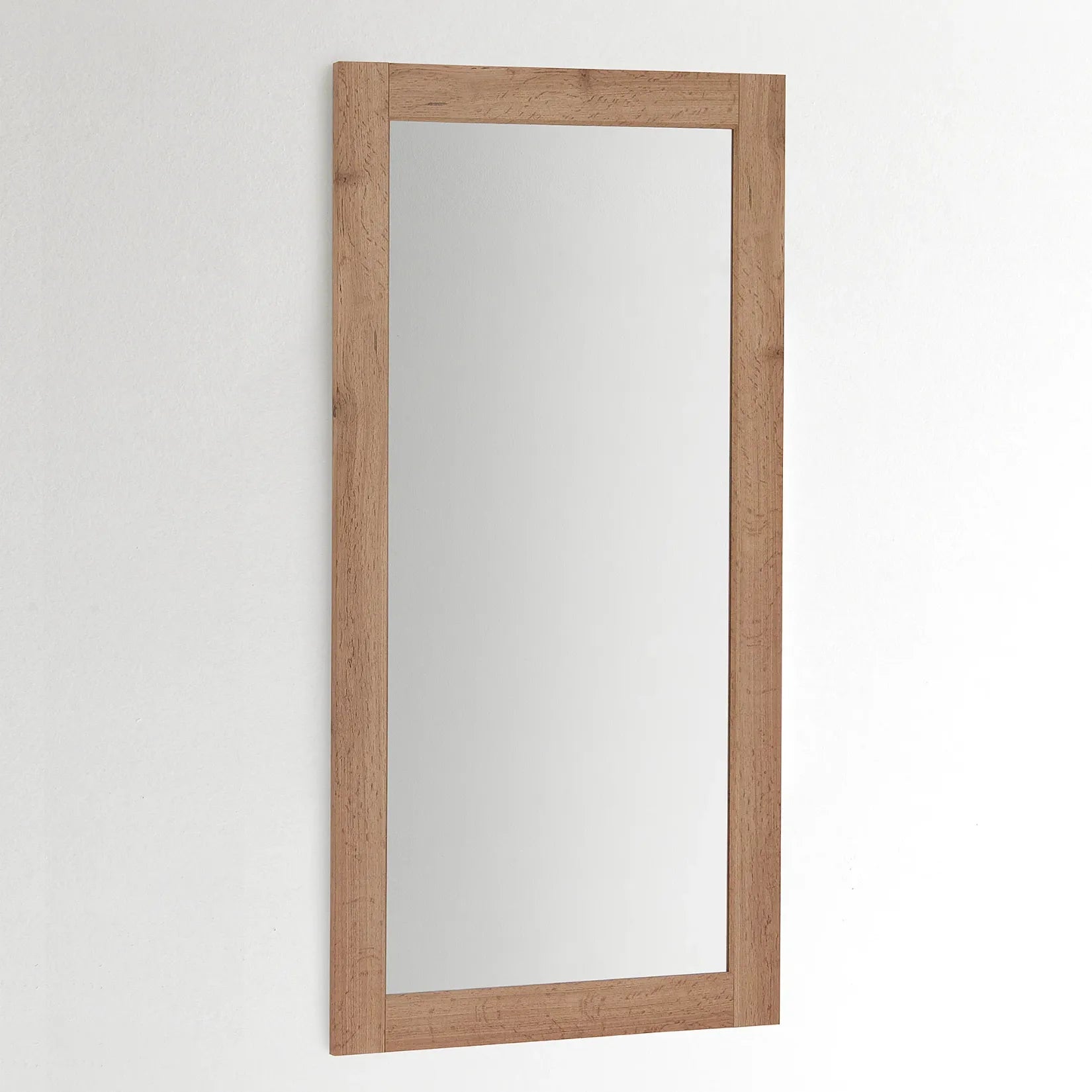 Miroir bois 120x60 cm avec cadre en chêne rustique sur fond blanc.