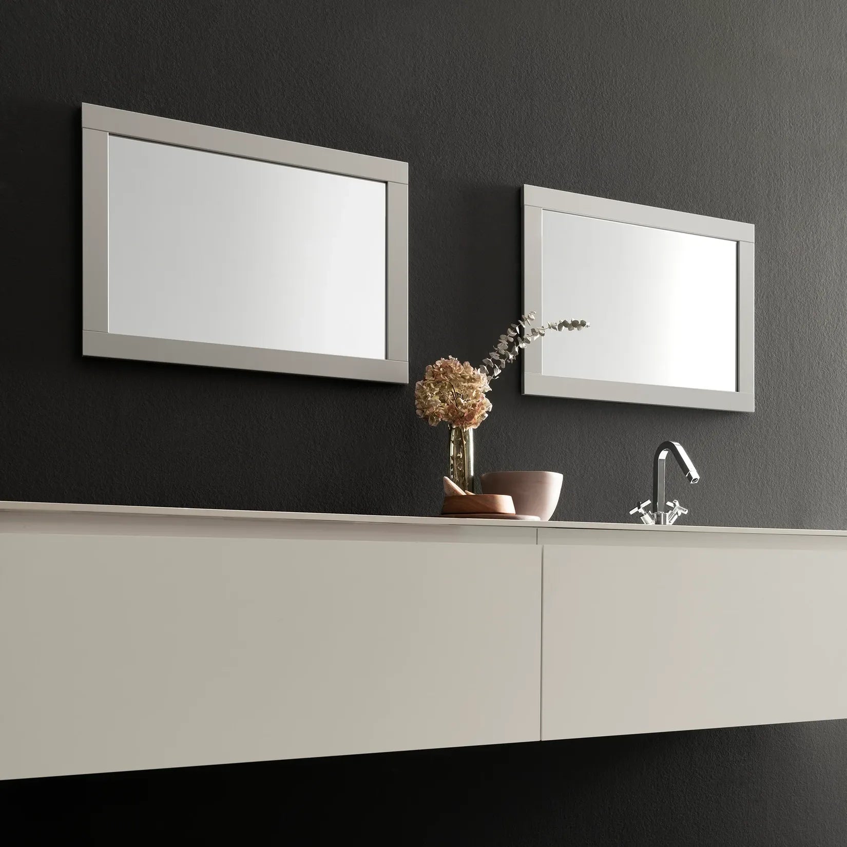 Miroir Bois Salle de Bain argenté pose horizontale double vasque.