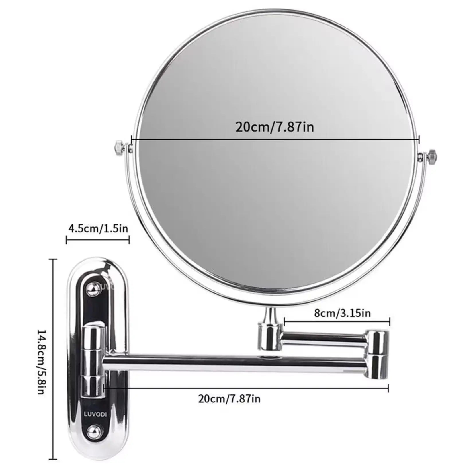 Dimensions du miroir mural bras articulé : 20 cm de diamètre et bras de 30 cm.