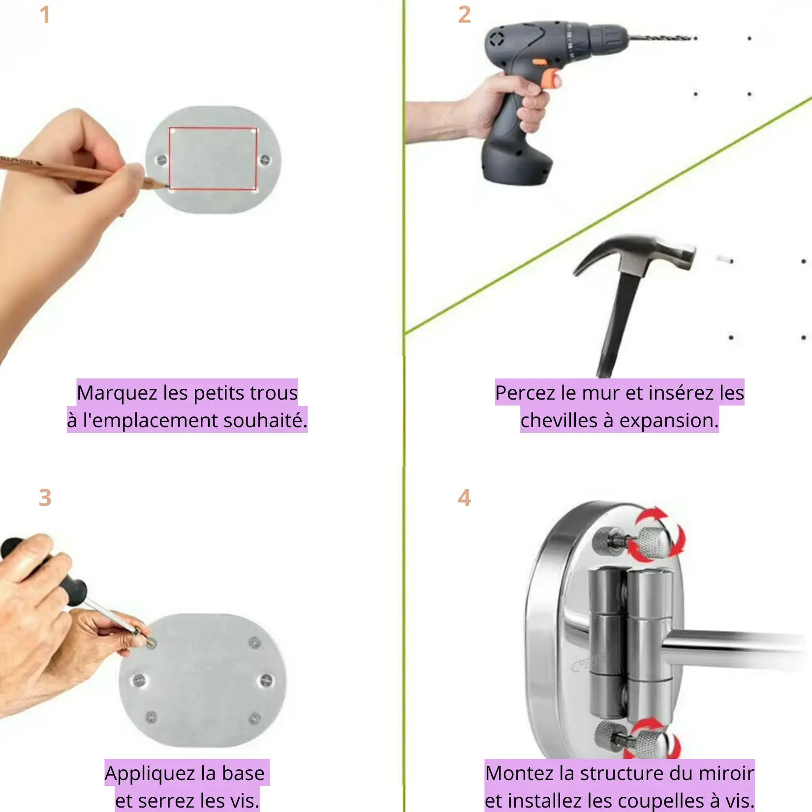 Installation facile du miroir bras articulé en 4 étapes simples.