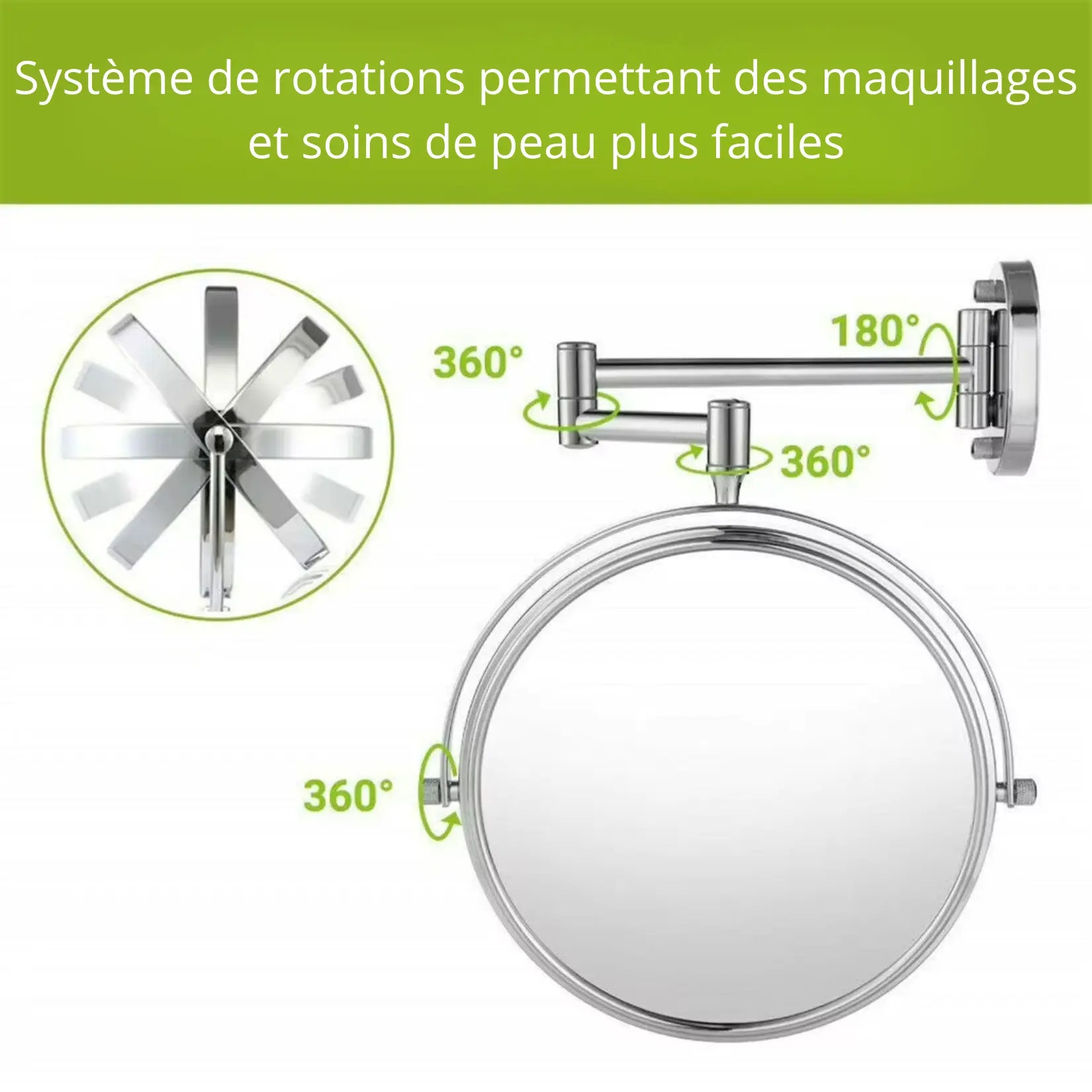 Miroir bras articulé avec rotation 360° et bras extensible.