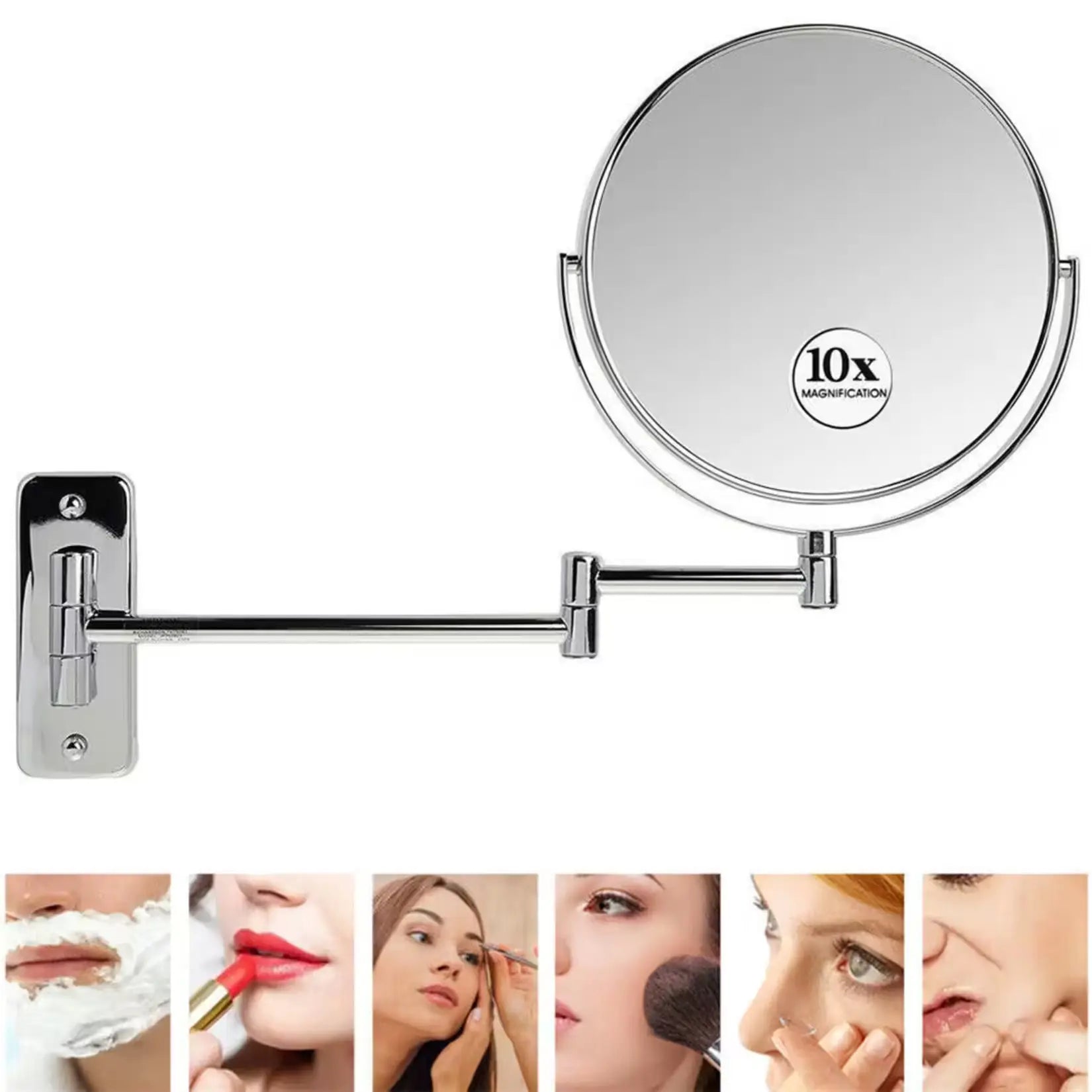 Miroir De Maquillage Mural Double Face 1X/10X - Bras Extensible 360° - Nickel Brossé - Pour Salle De Bain Ou Coiffeuse - 7