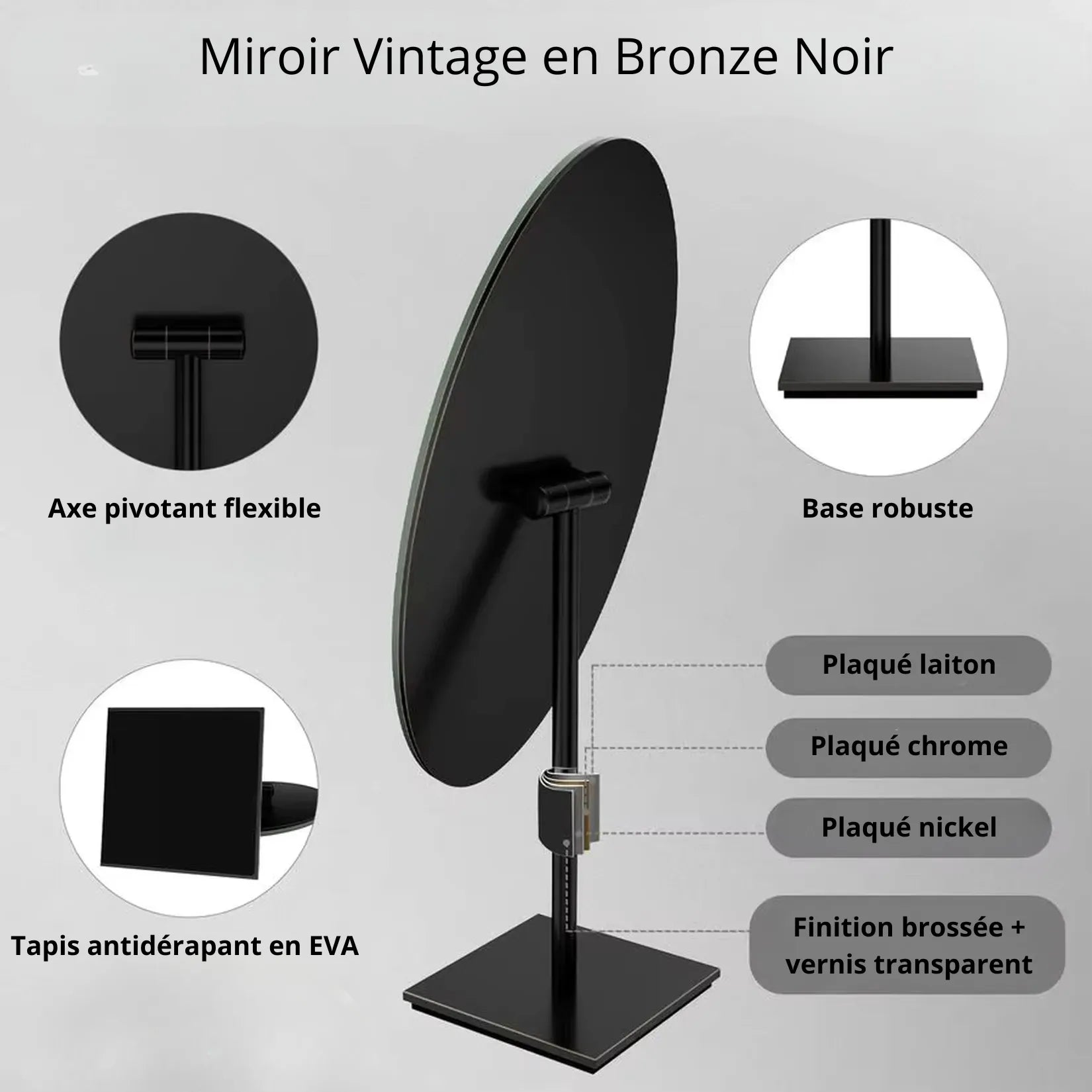 Miroir Bronze ovale sur pied détails laiton axe pivotant et base antidérapante.
