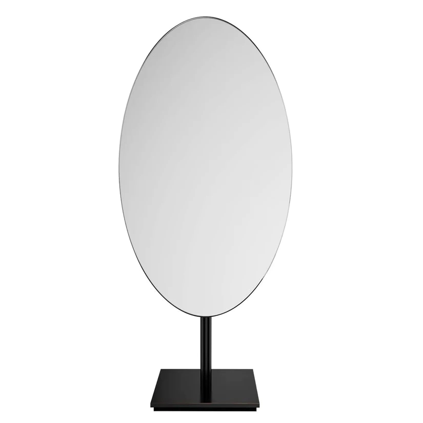Miroir Bronze ovale sur pied vue de face fond blanc laiton noir.