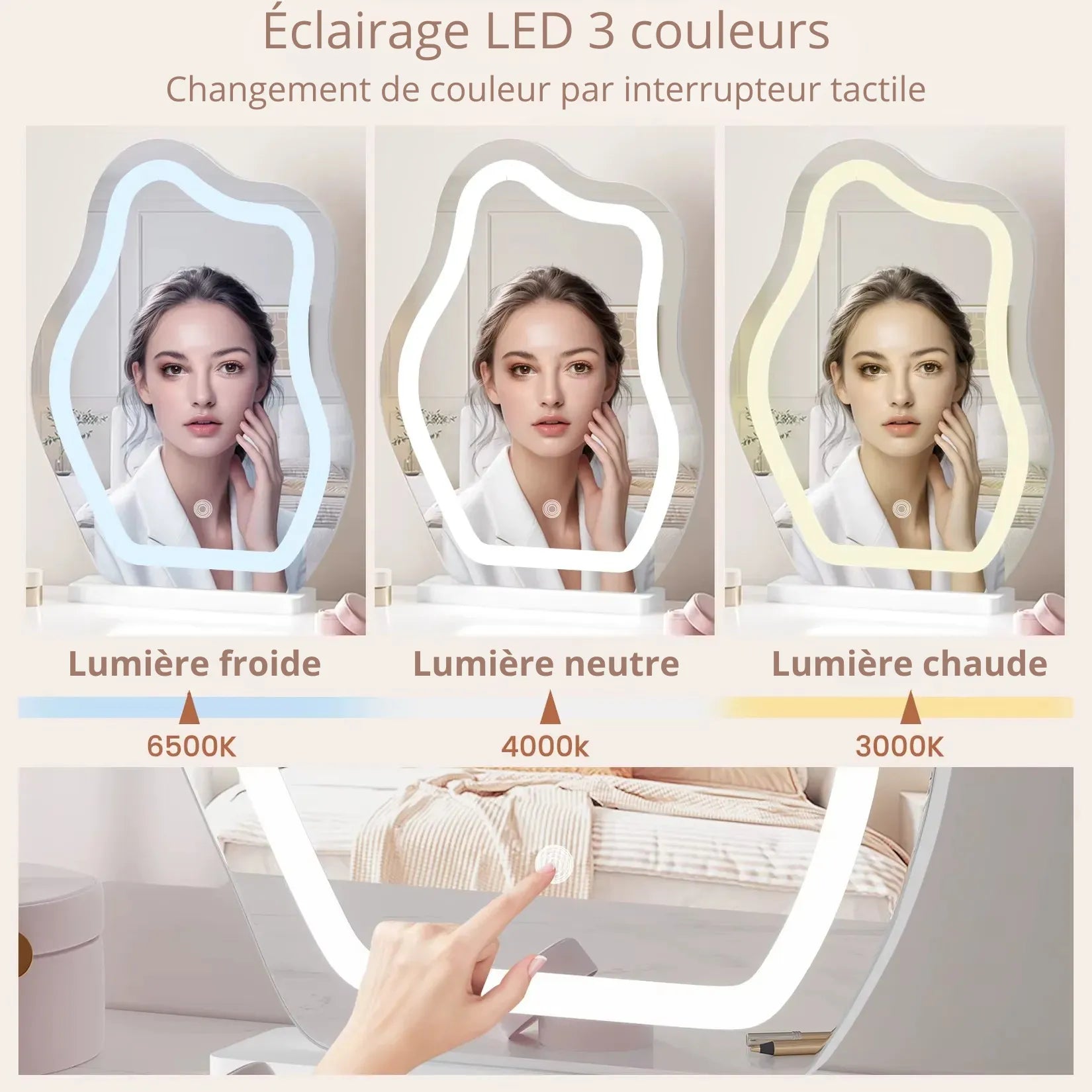 Miroir Bureau LED – 3 températures de couleur lumière froide neutre chaude.