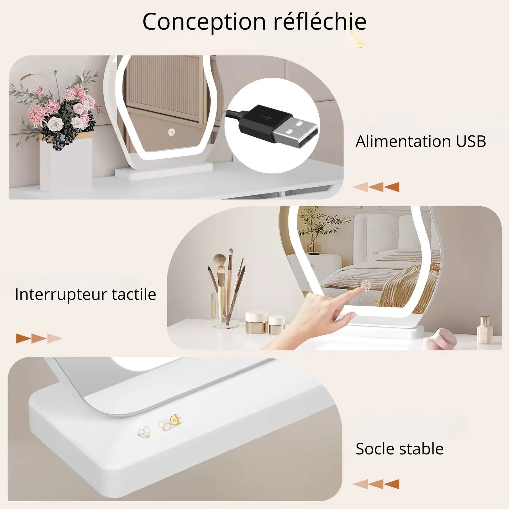 Miroir Bureau LED – alimentation USB, interrupteur tactile et socle stable.
